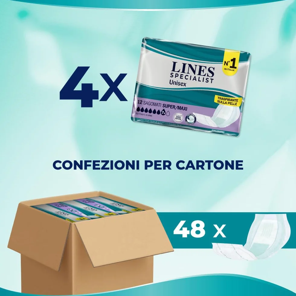 Pannoloni Sagomati Assorbenti Incontinenza Donna Uomo 100% Traspirante Zero Odore 4 Confezioni da 12 Unità