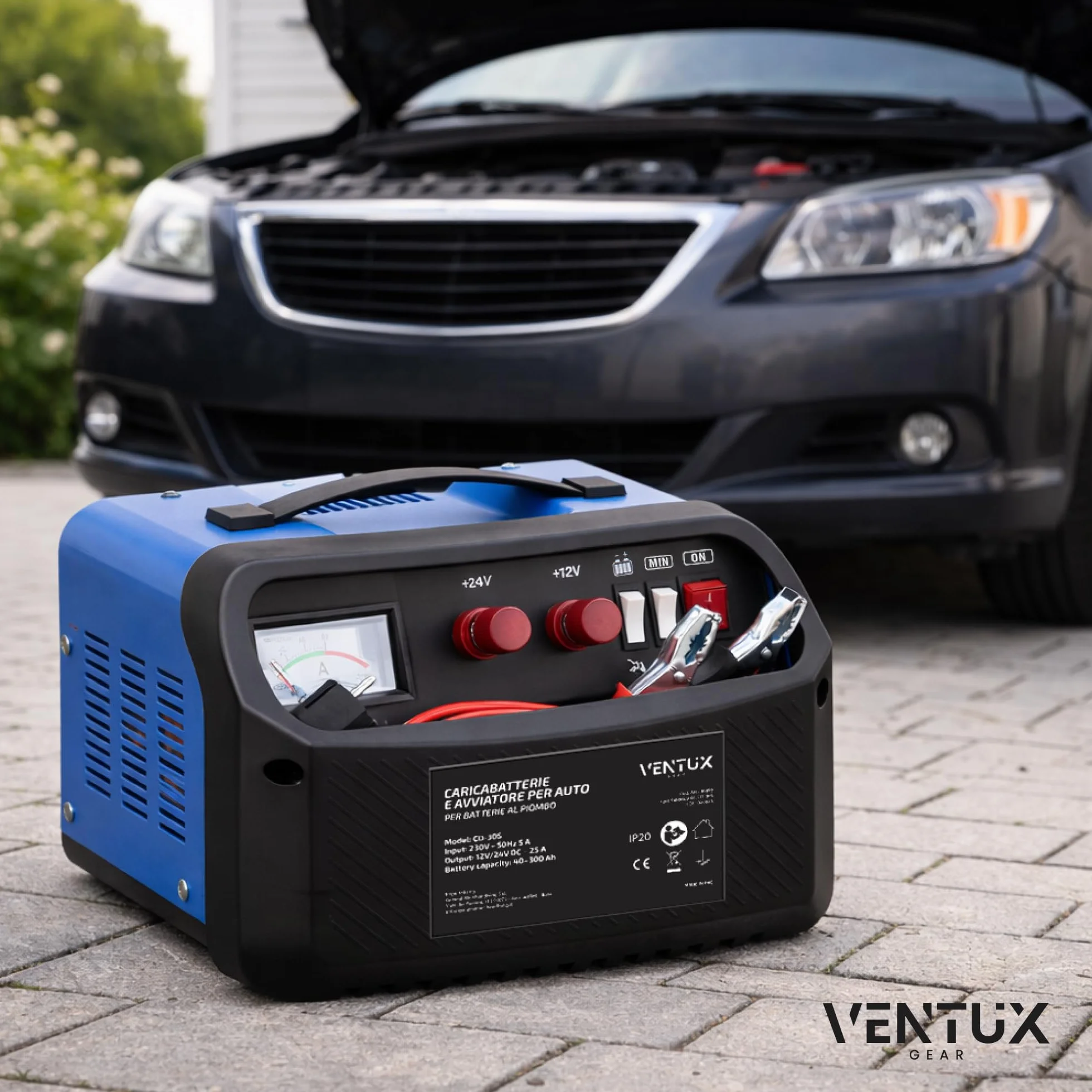 Caricabatterie e avviatore 12V/24V Ventux Gear CD-30S – Per Batterie al Piombo, Funzione Start 160A/260A, Amperometro Analogico, Protezioni di Sicurezza, Uso Auto e Officina