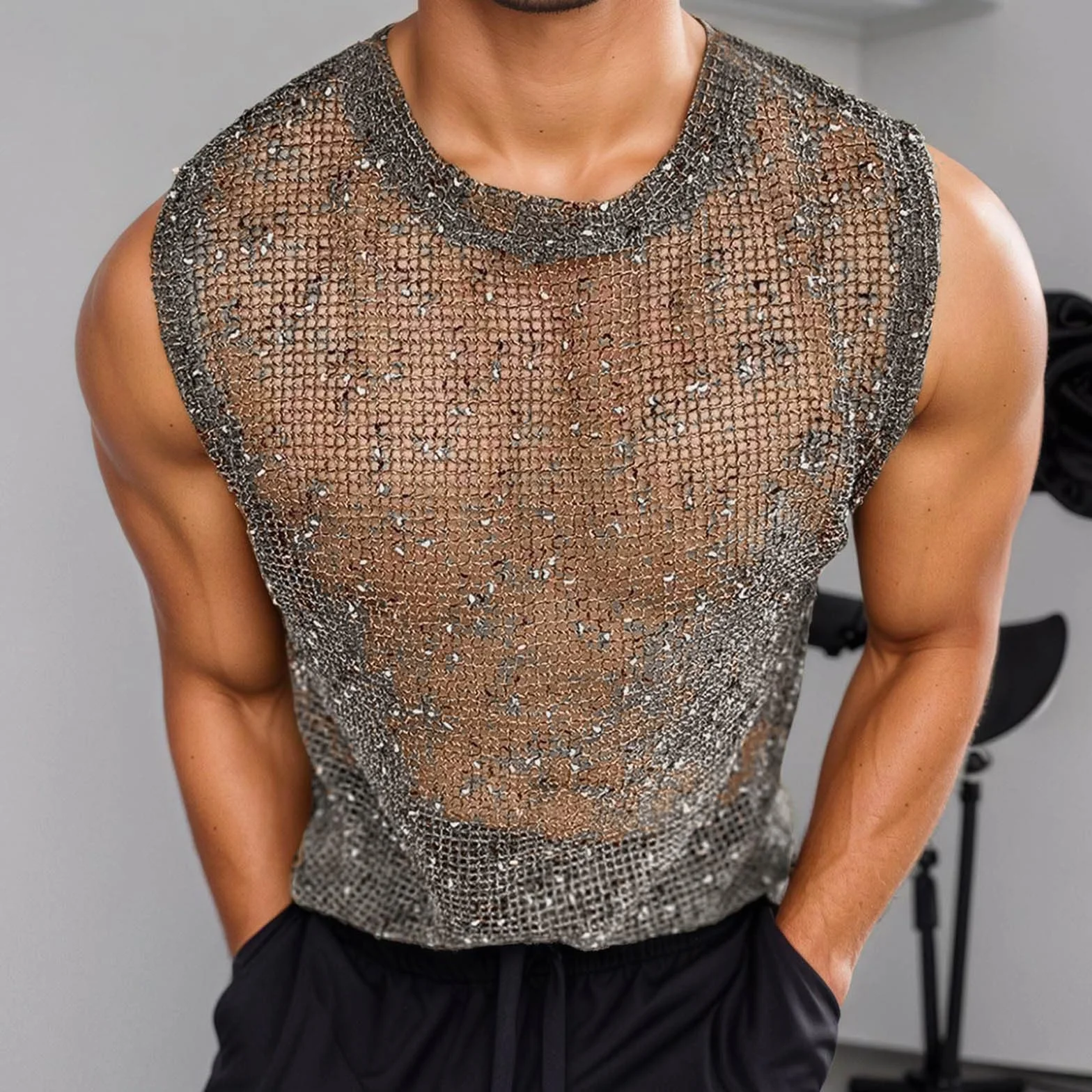 Camicia a rete da uomo con glitter, trasparente, maniche corte, asciugatura rapida, traspirante