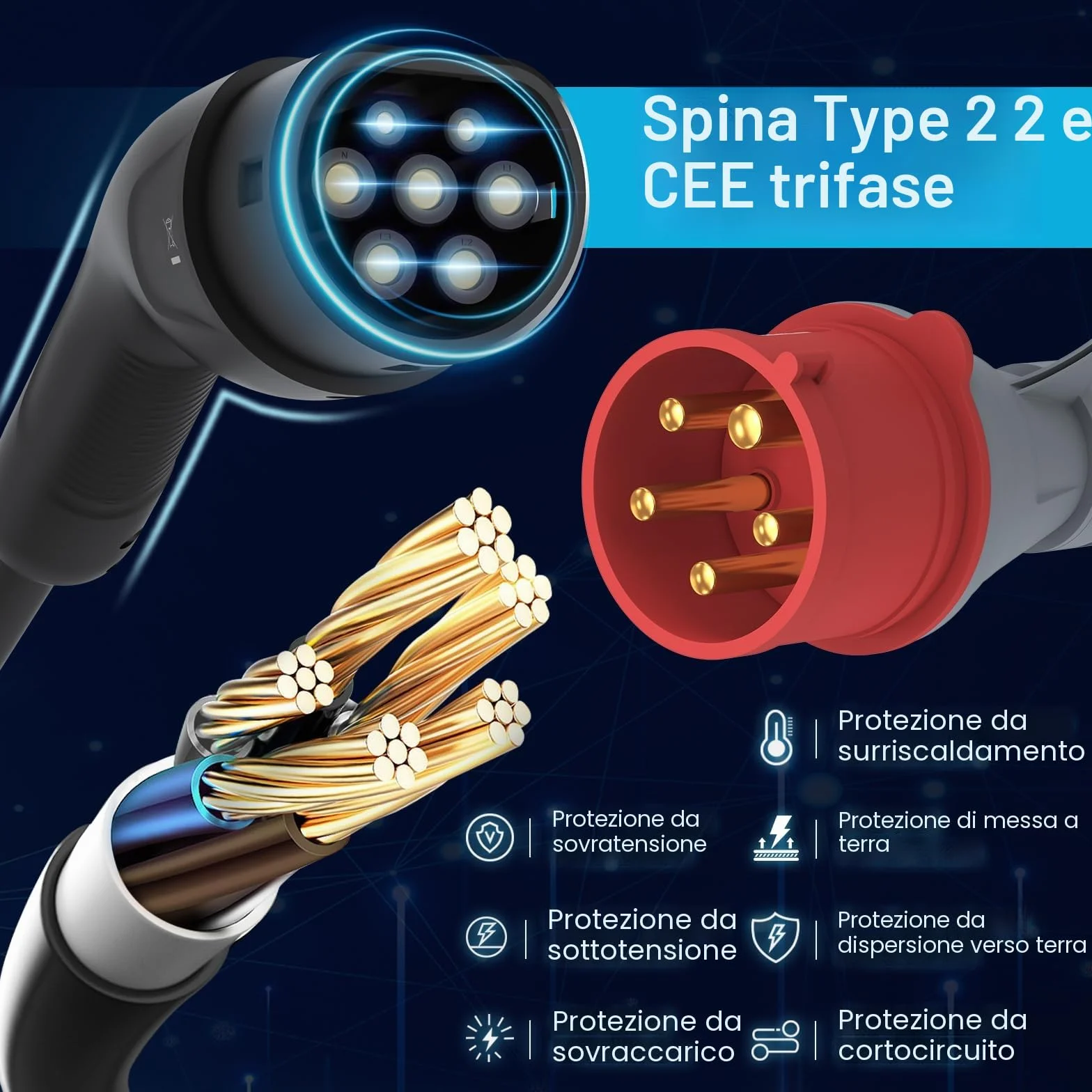 Tera Caricabatterie EV Tipo 2 11kW Certificato CE TüV App WLAN Bluetooth Cavo 7m Spina CEE Trifase Nero