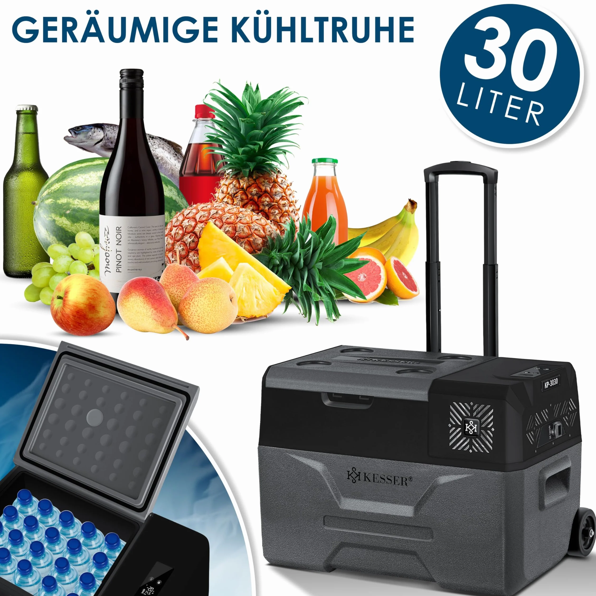 KESSER® Frigobar a compressore 30 litri Frigocongelatore Elettrico con Controllo Tramite App Connessione USB 12/24 V 230 V + Ruote telescopiche Frigorifero Raffreddamento Fino a -20 °C per Auto