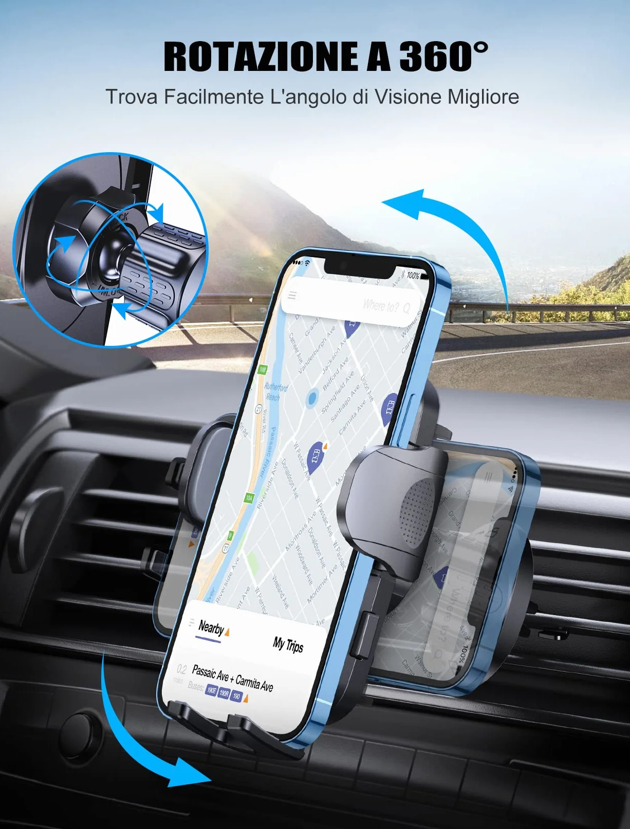 Mohard Porta Cellulare Auto, [Gancio Aggiornato & Stabile] Telefono Auto Bocchetta d'Aria Rotante a 360° Supporto Cellulare, Impugnature Cellulari Set per Interni Automobile per iPhone 16/15/14, 4-7"