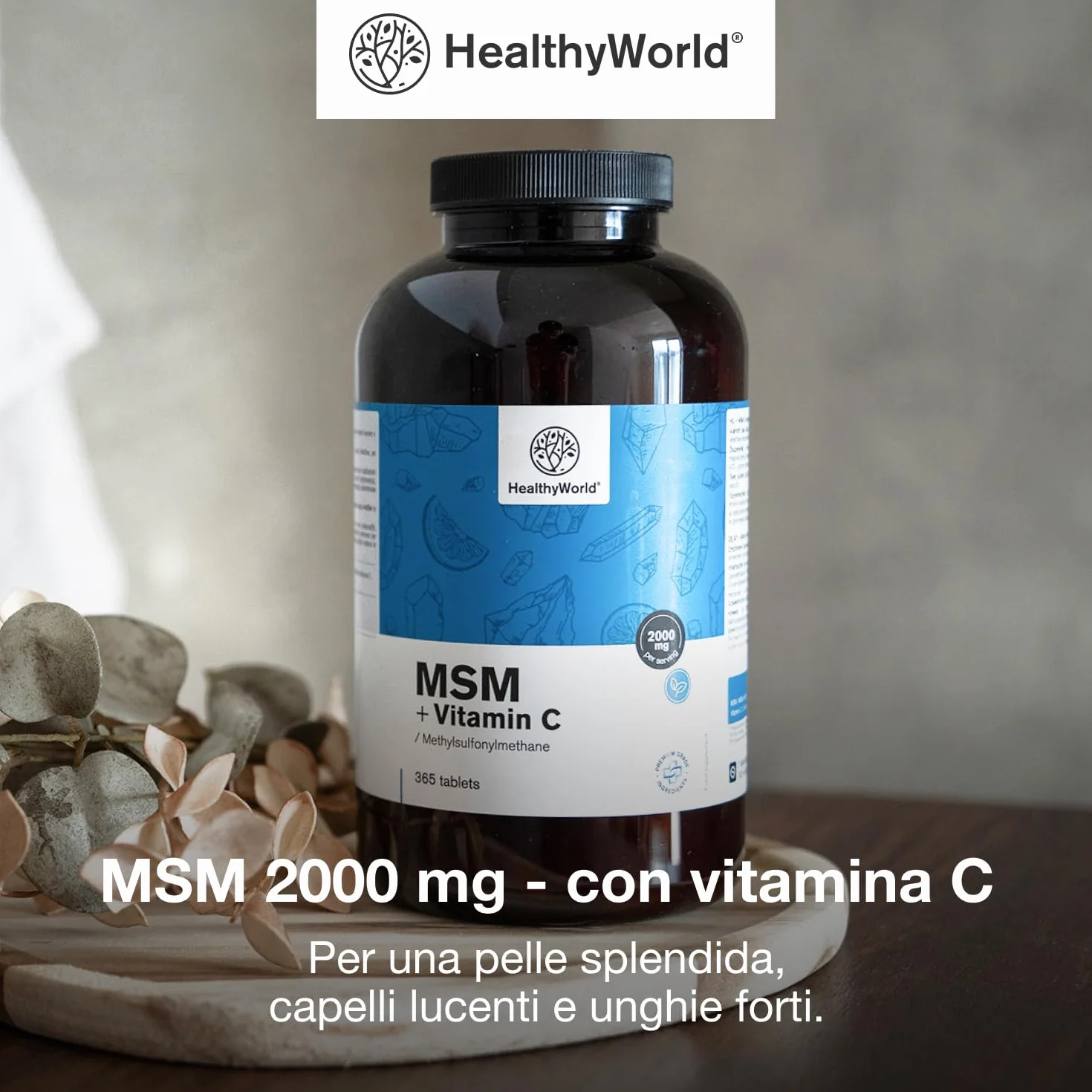 HealthyWorld MSM 2000 mg con Vitamina C 365 Compresse Alta Concentrazione Vegetariano