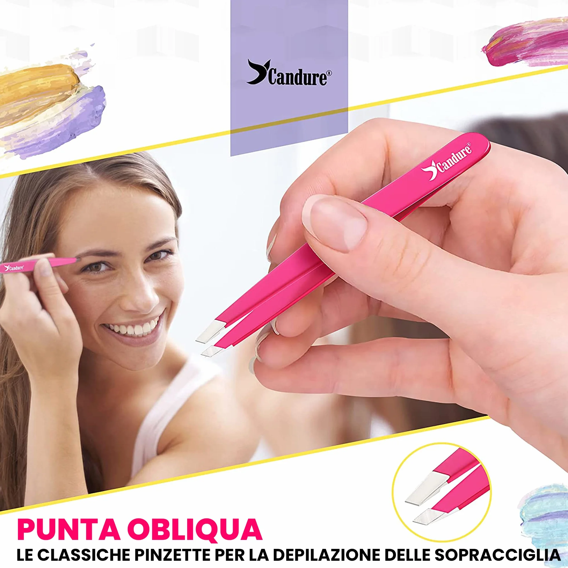 Candure Pinzette Sopracciglia Acciaio Inox Precisione Punta Obliqua Antiscivolo 1 Pezzo Rosa