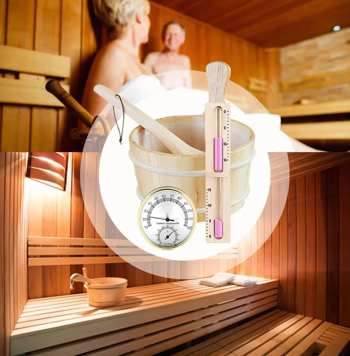Secchio Sauna 4L Set Completo con Mestolo Legno Pino Finlandese Termometro Igrometro Clessidra