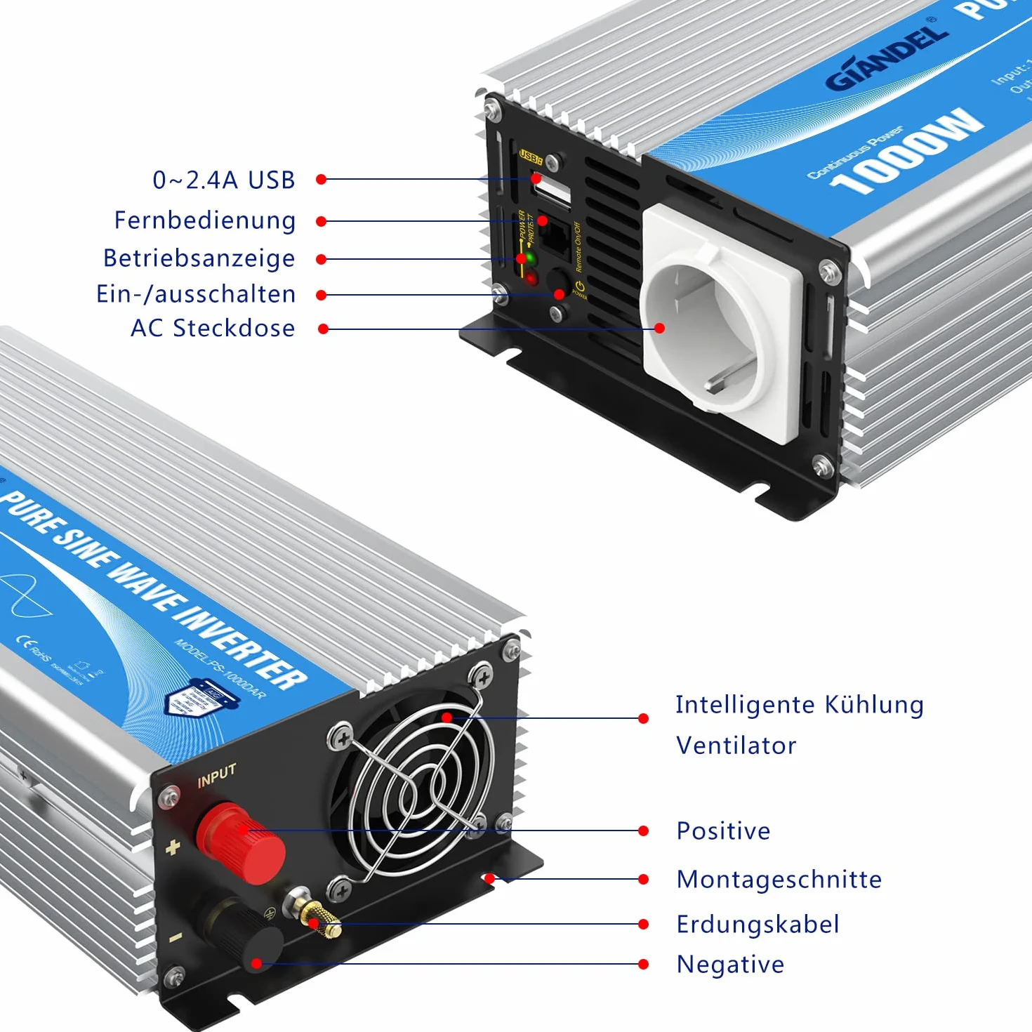GIANDEL Inverter 12V a 230V Onda sinusoidale pura 1000W Convertitore di tensione con controllo remoto presa EU USB 2.4A