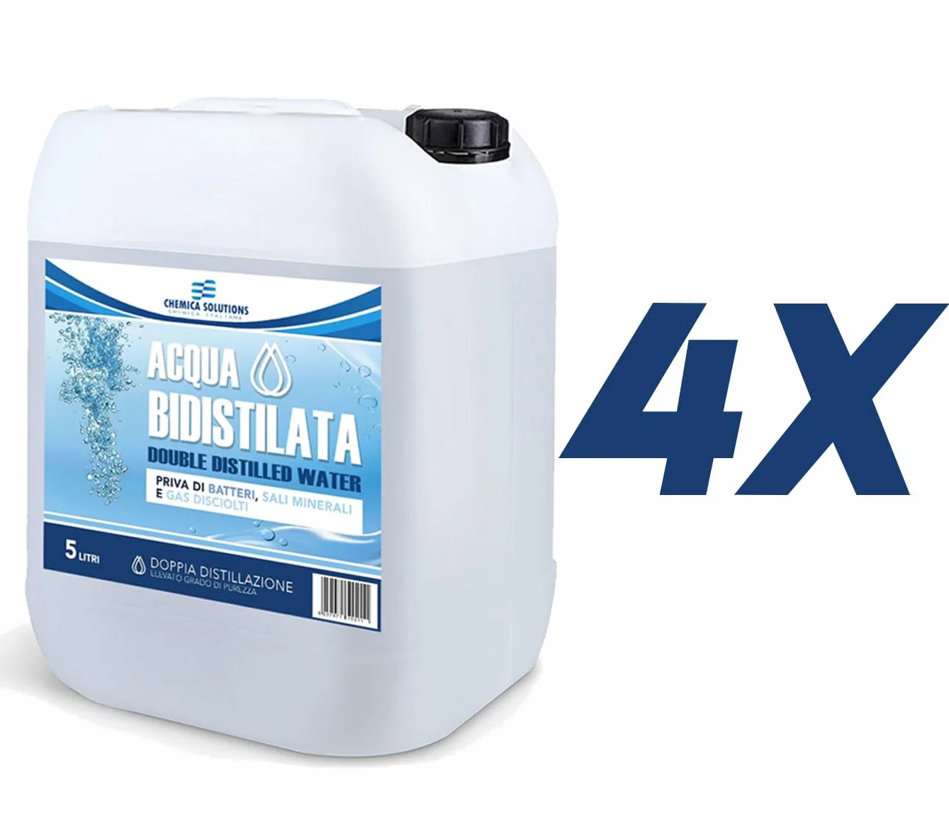 CHEMICA SOLUTIONS Acqua Bidistillata Pura 4 x 5 Litri, Distillata Due Volte, Demineralizzata Made in Italy