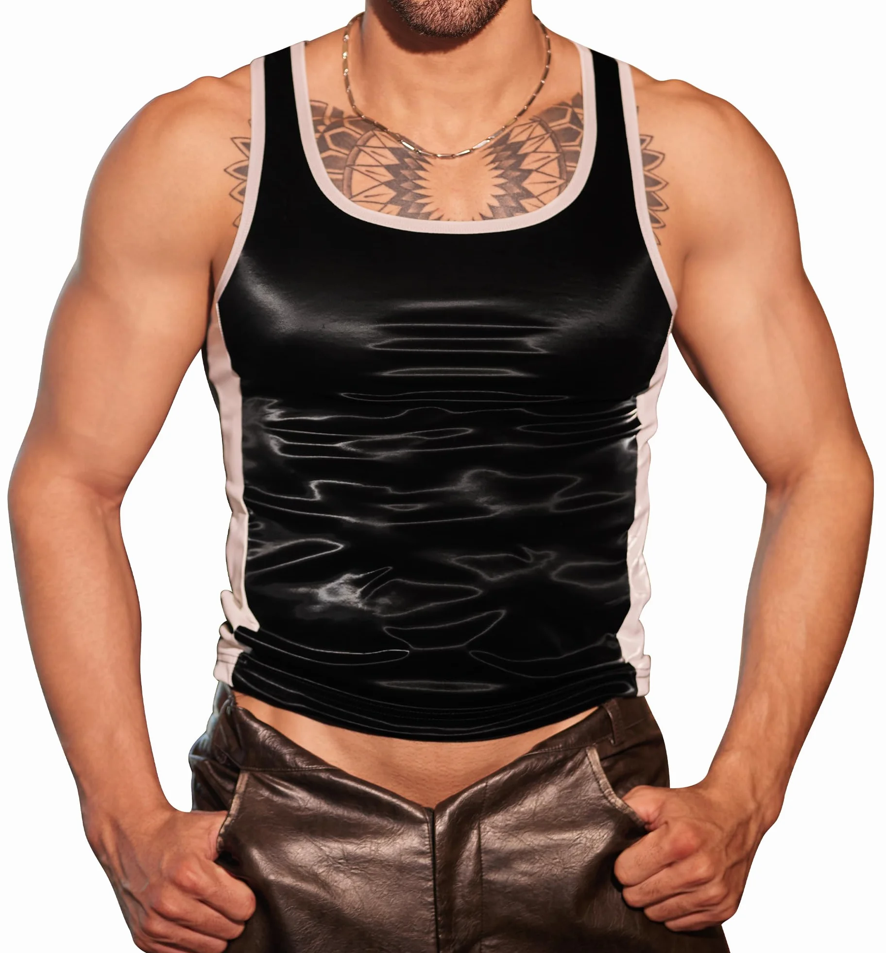 FEOYA Canottiera senza maniche in pelle PU Muscle Fit gilet uomo ecopelle effetto bagnato