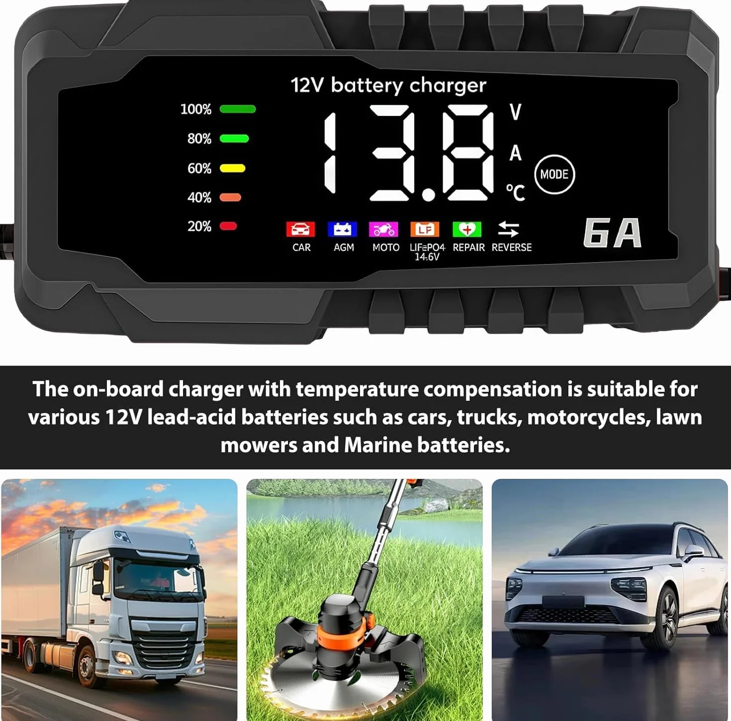 SQUADO Caricabatteria 6A 12V Intelligente per Auto, Moto, Scooter – Ricarica Automatica con Display LCD, Protezione da Sovraccarico e Inversione Polarità, per Batterie Piombo AGM/GEL/WET