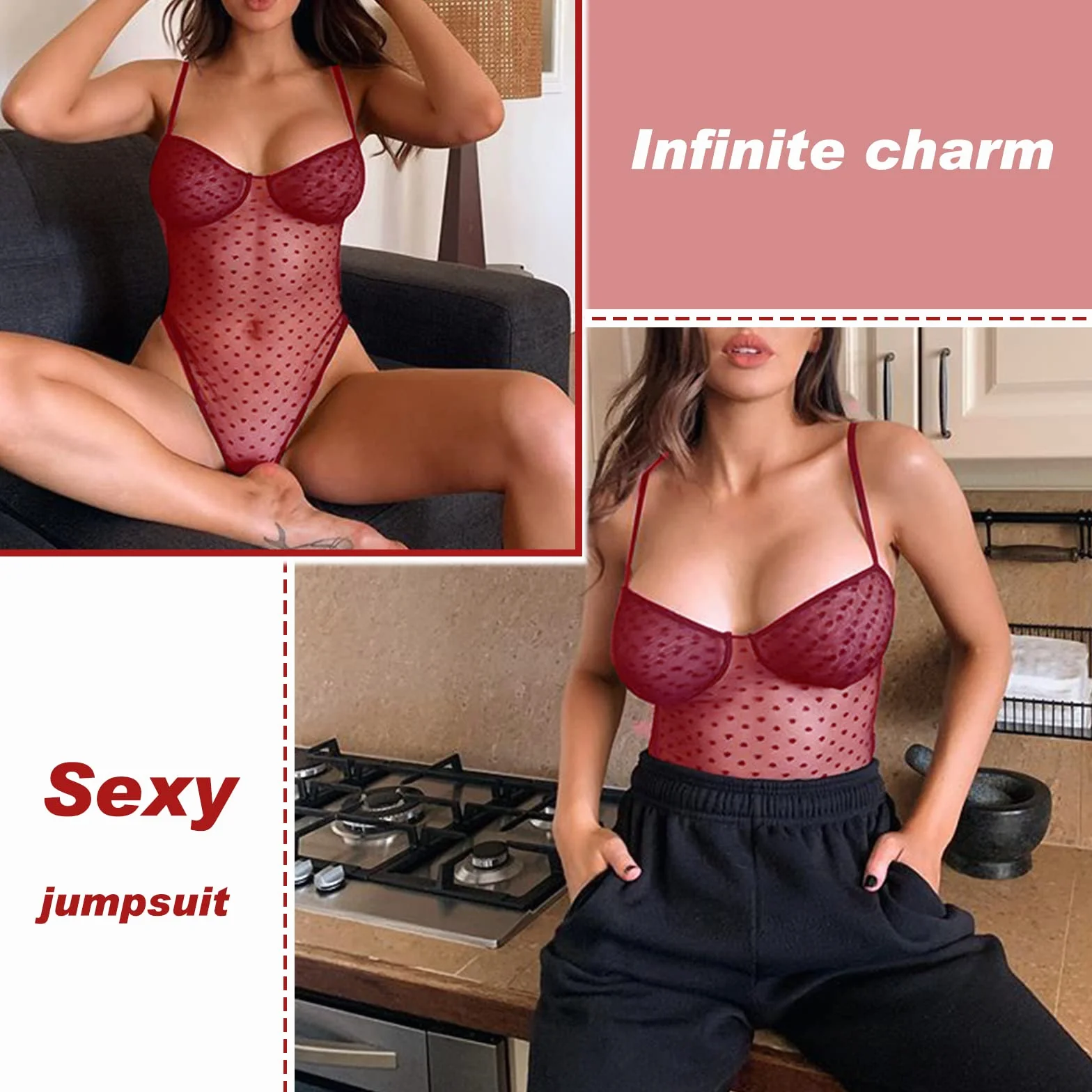 Intimo Donna Sexy Lingerie Rete Body Babydoll Trasparente Camicia da Notte in Pizzo Elasticizzato Negligees Scollo a V Profondo Chemise Senza Maniche con Pois per Natale Halloween Party (Rosso)