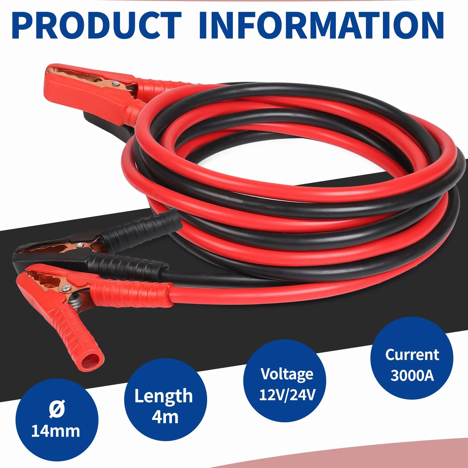 SWAWIS Cavi Batteria Auto 4m 50mm² 3000A 12 V/24 V Cavi di Collegamento per Avviamento, Cavi Batteria Auto, Moto, Camper, Camion