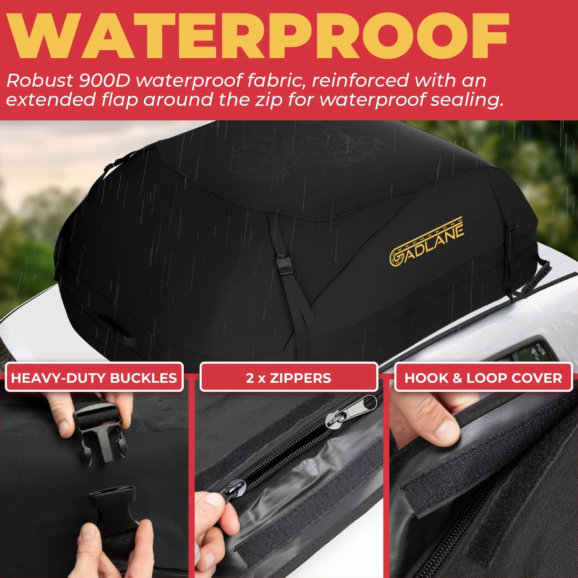 GADLANE Borsa da tetto per auto 400L impermeabile 4 cinghie robuste tappetino antiscivolo Nero