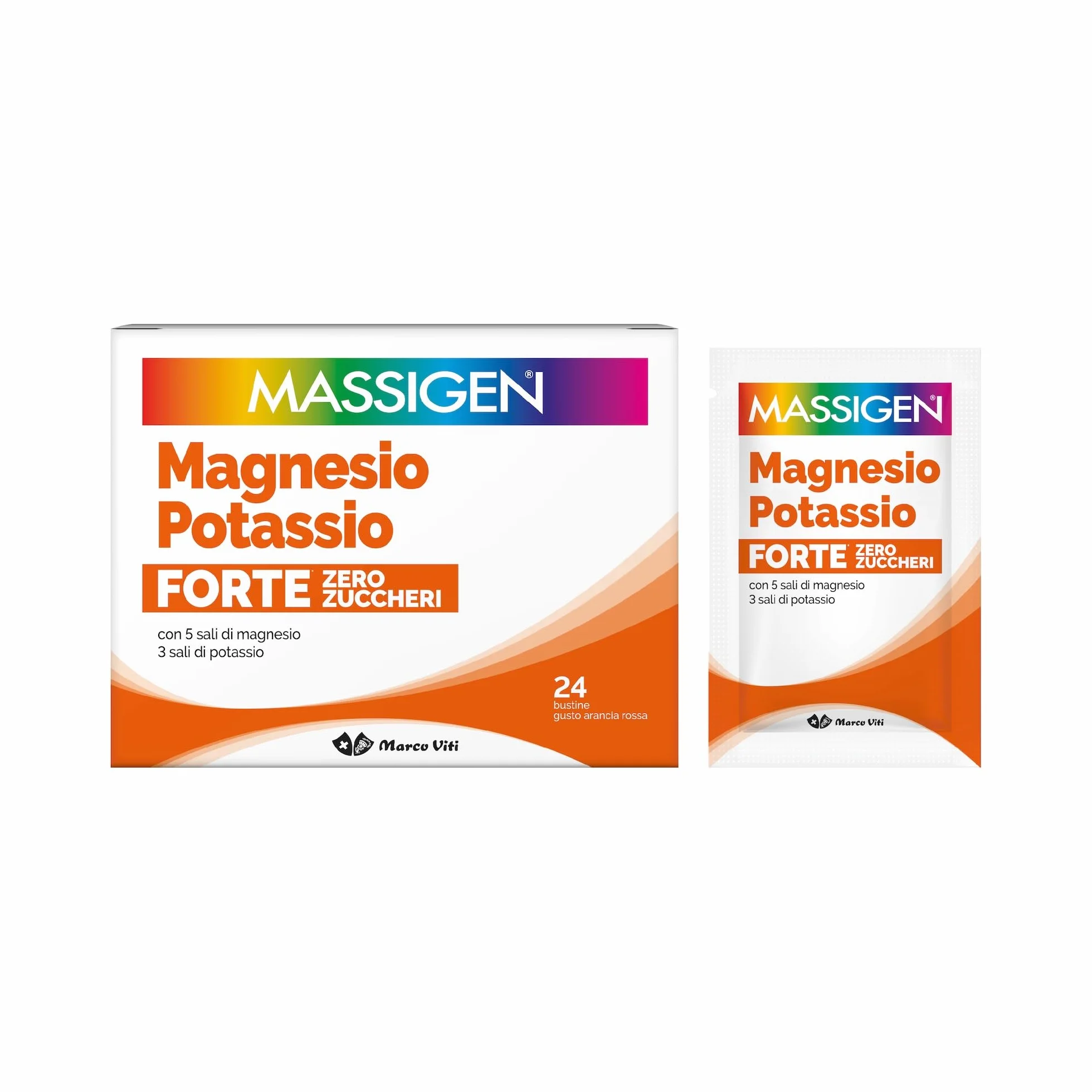 Massigen Magnesio e Potassio Forte Zero Zuccheri Gusto Arancia Rossa Integratore 24 Bustine