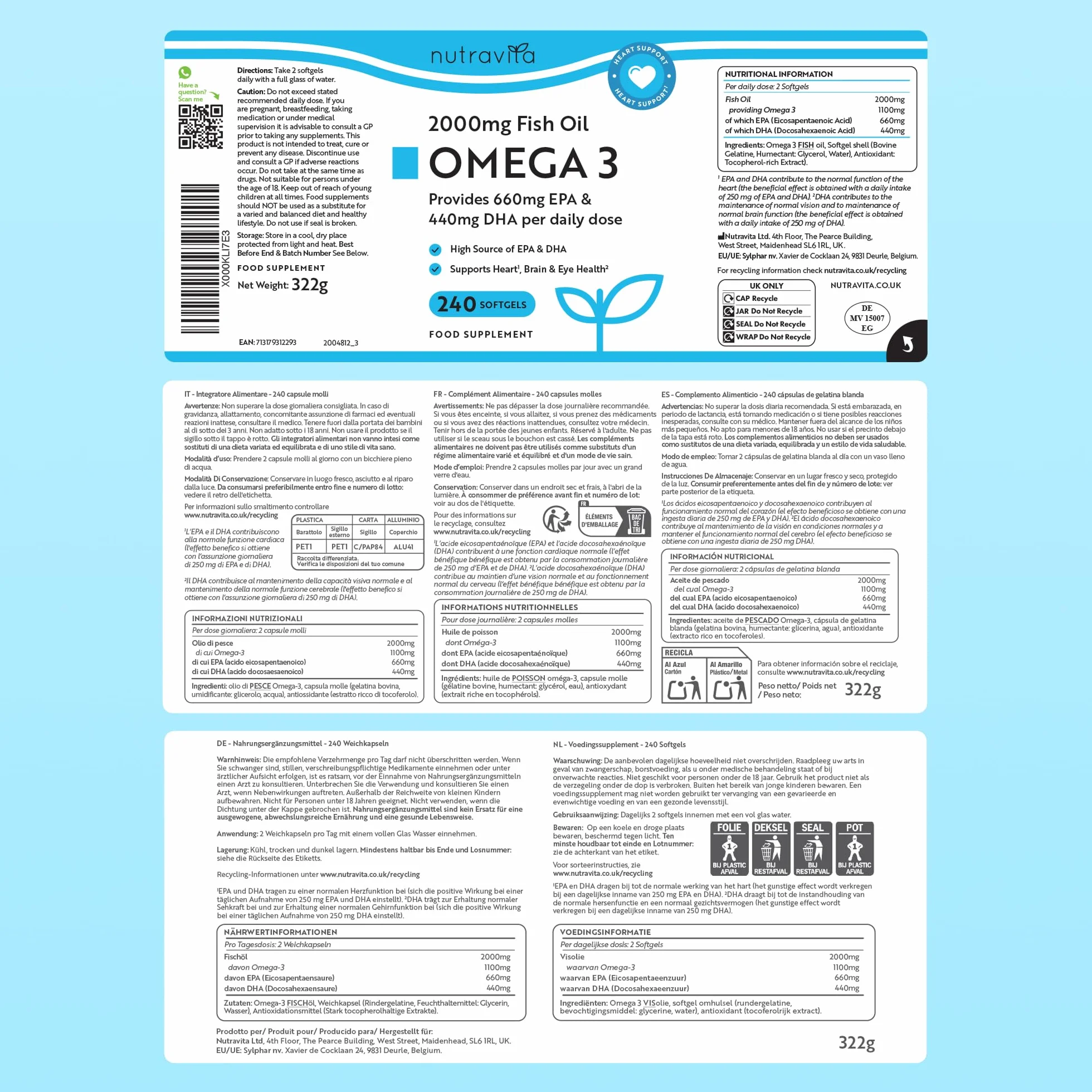 Nutravita Omega 3 Fish Oil 2000mg 660mg EPA 440mg DHA 240 Capsule Integratore Olio di Pesce