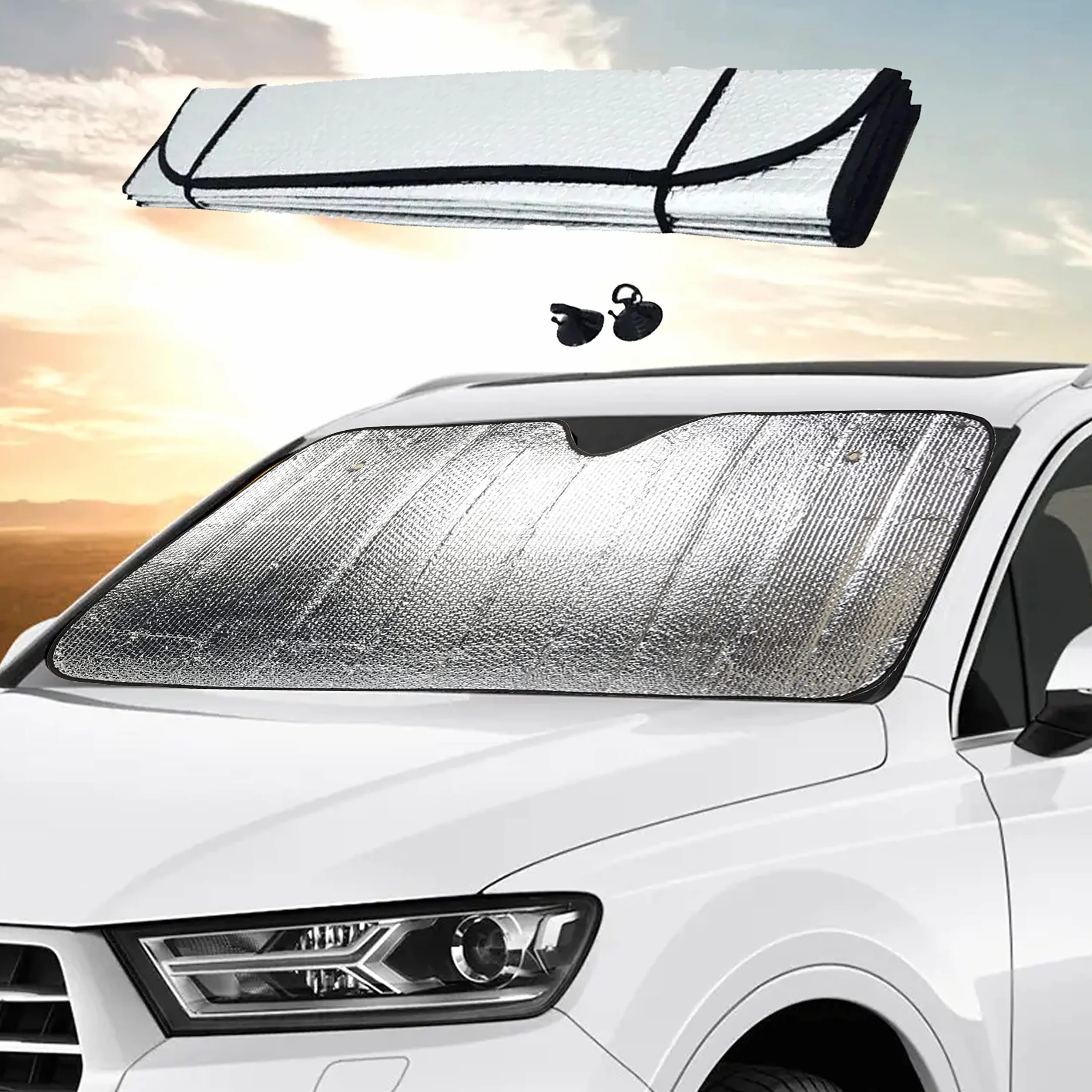Parabrezza parasole auto pieghevole UV 130x60 cm con elastici e ventose