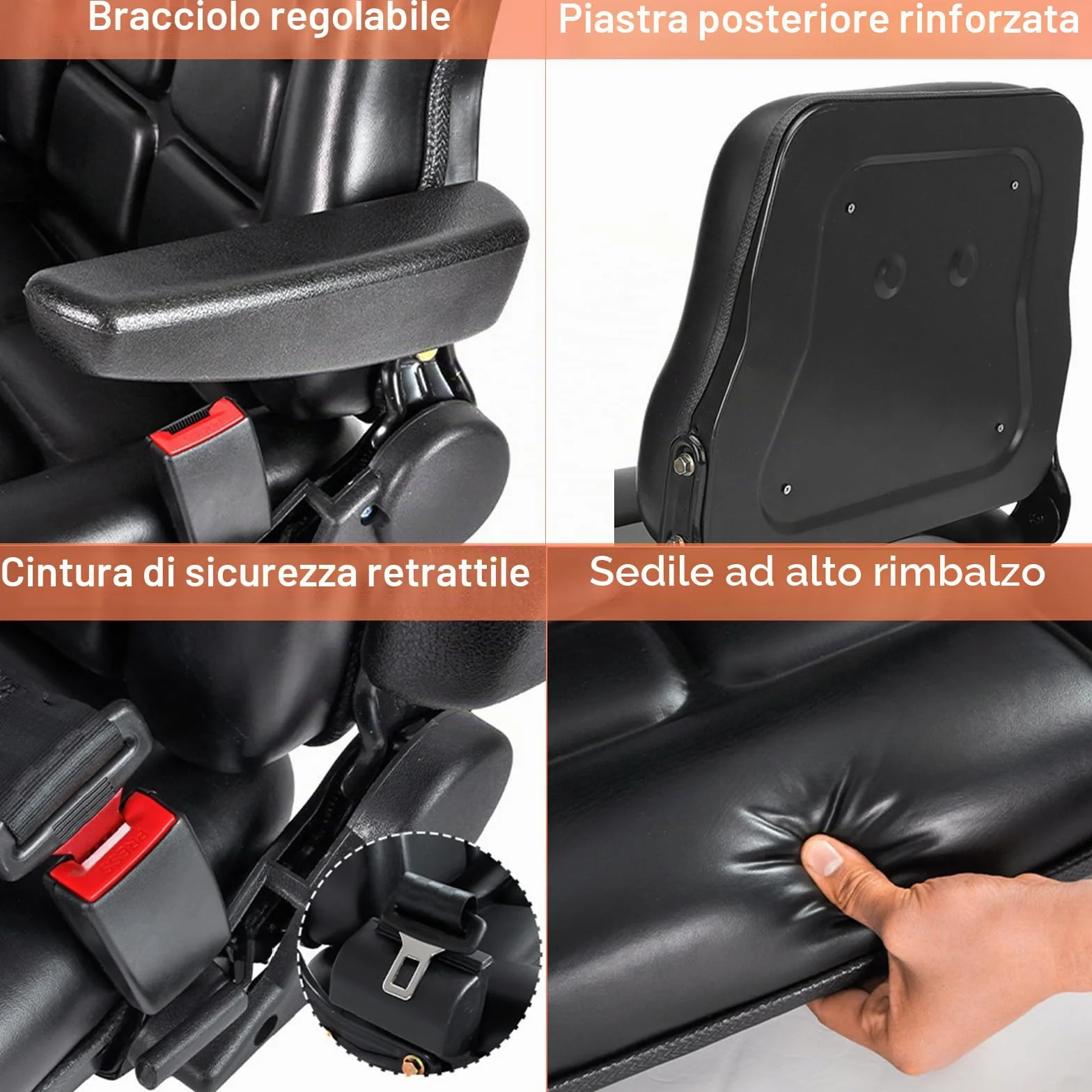 Sedile per carrello elevatore universale regolabile con cintura di sicurezza e bracciolo, schienale regolabile e guida scorrevole in PVC impermeabile, sedile per tosaerba per trattore, ruspa, carrello