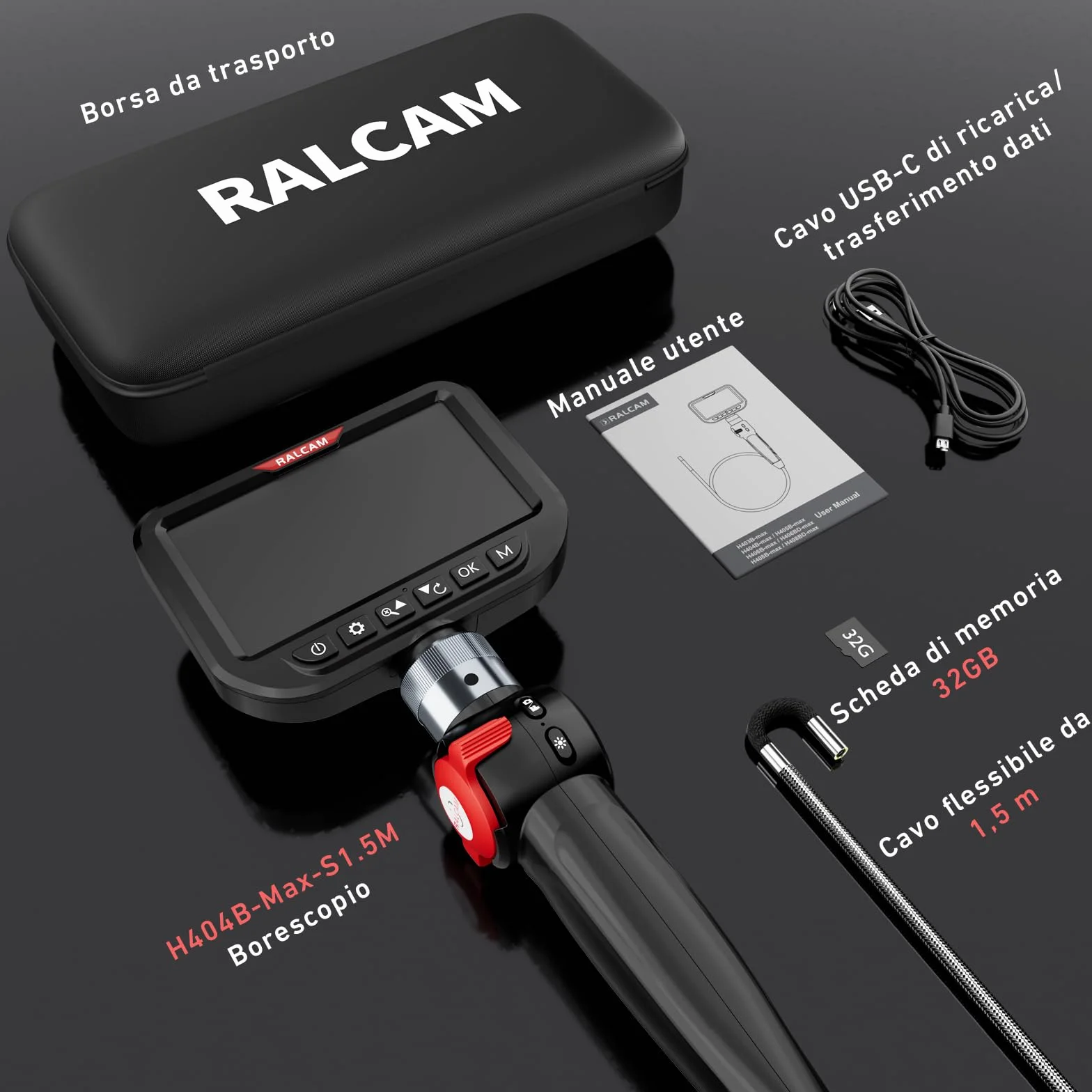 Ralcam Telecamera Endoscopica 3.9mm 5" HD IP67 Impermeabile Cavo 1.5m