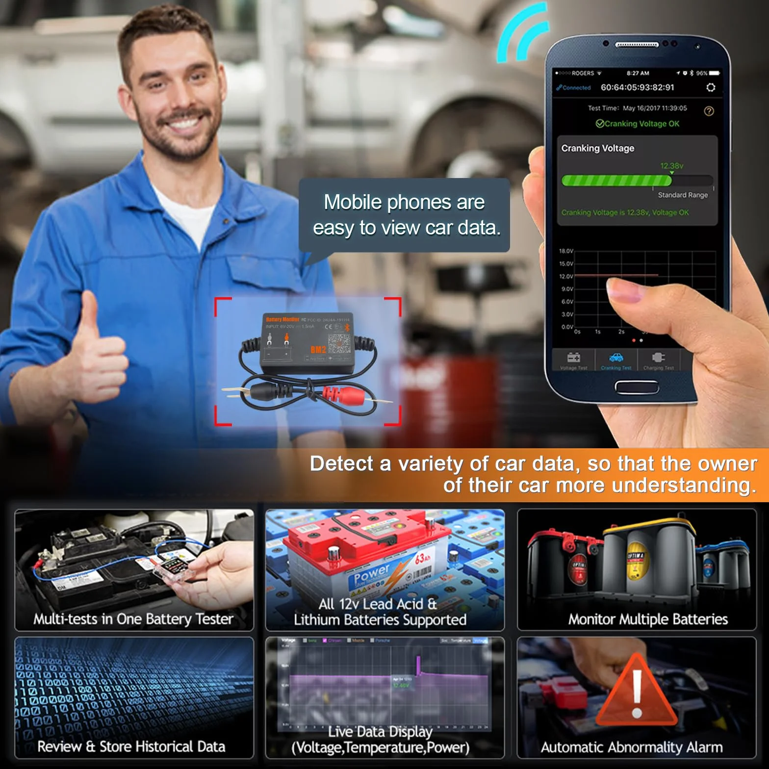 Monitor Batteria Bluetooth 4.0 Wireless Battery Tester, Car Charging Start e Alarm System Monitor Analizzatore Batteria Digitale Adatto a 12V Sistemi Solari Moto Barche Auto Compatibili Android iOS