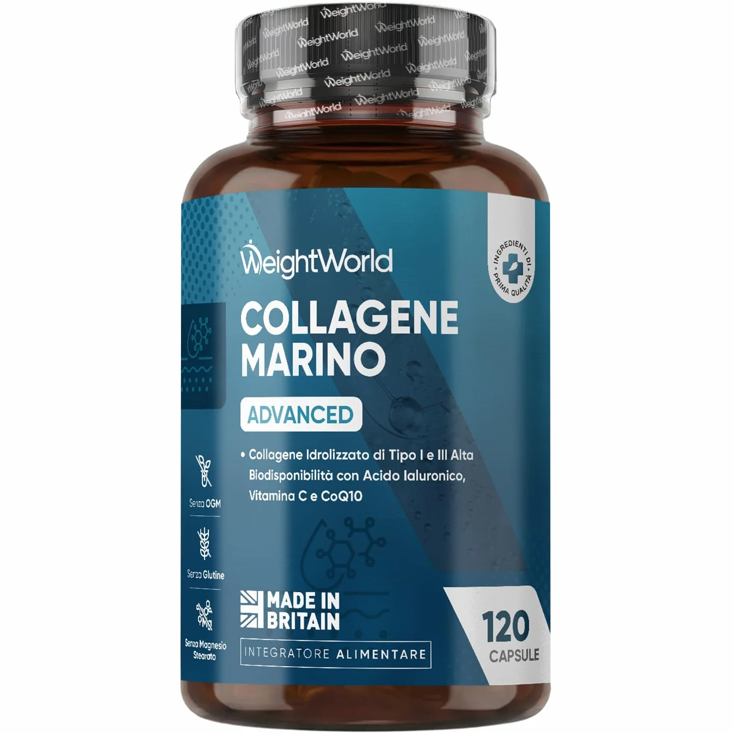 Collagene Marino con Acido Ialuronico, Peptidi, Vitamina C, Coenzima Q10, Zinco, 1200mg