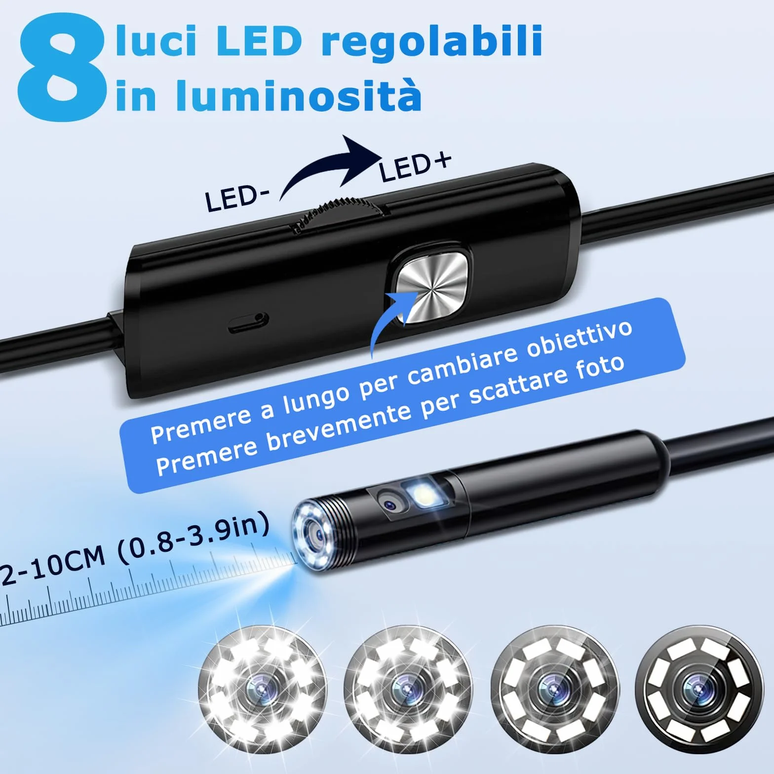 Telecamera Ispezione Endoscopio HD 1920P USB Doppia Lente 5M Cavo Semirigido 8 LED Senza WiFi per iPhone Android iOS