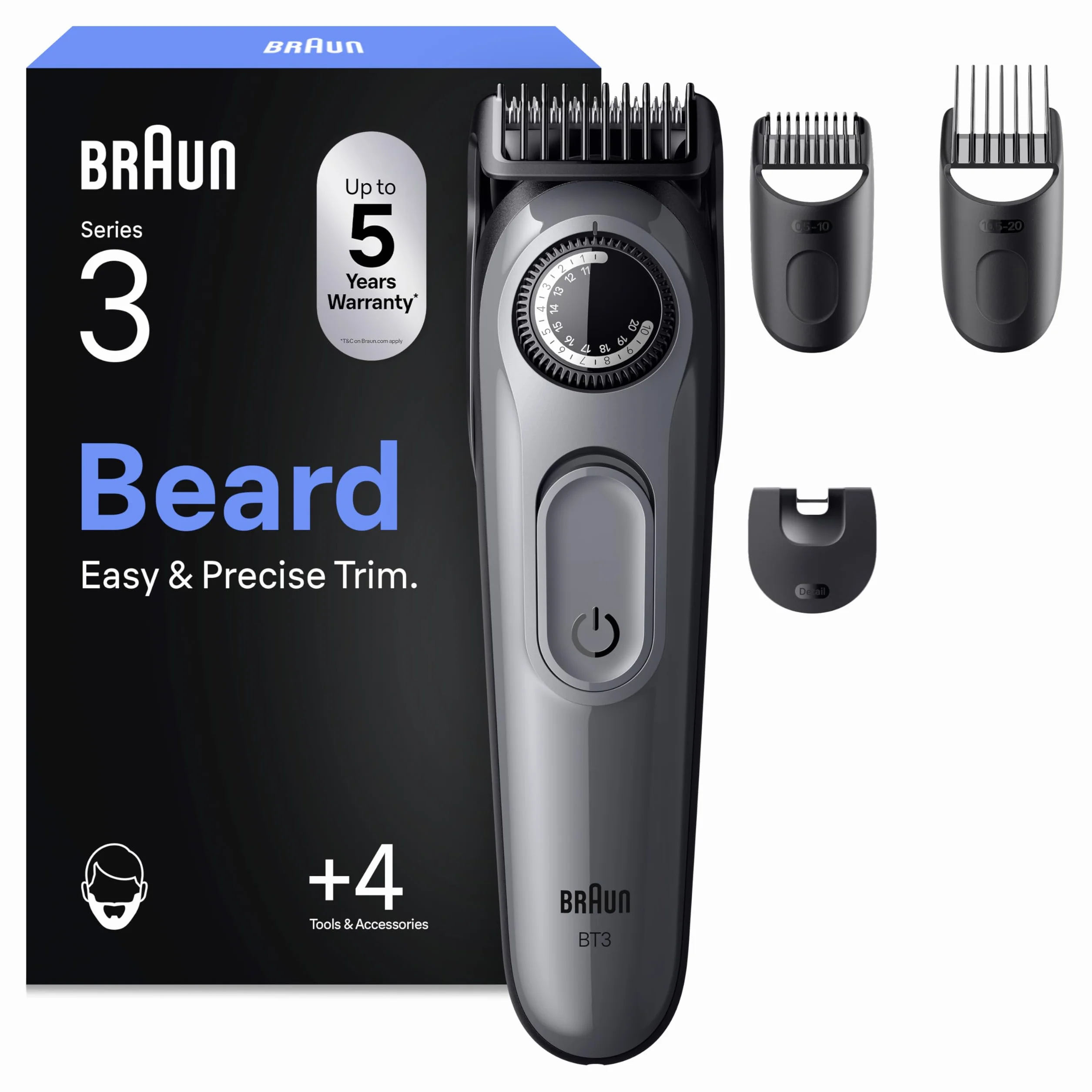 Braun Series 3 Regolabarba Uomo BT3525, 50 Min Utilizzo, 40 Lunghezze, Lama Ultra Affilata, Grigio