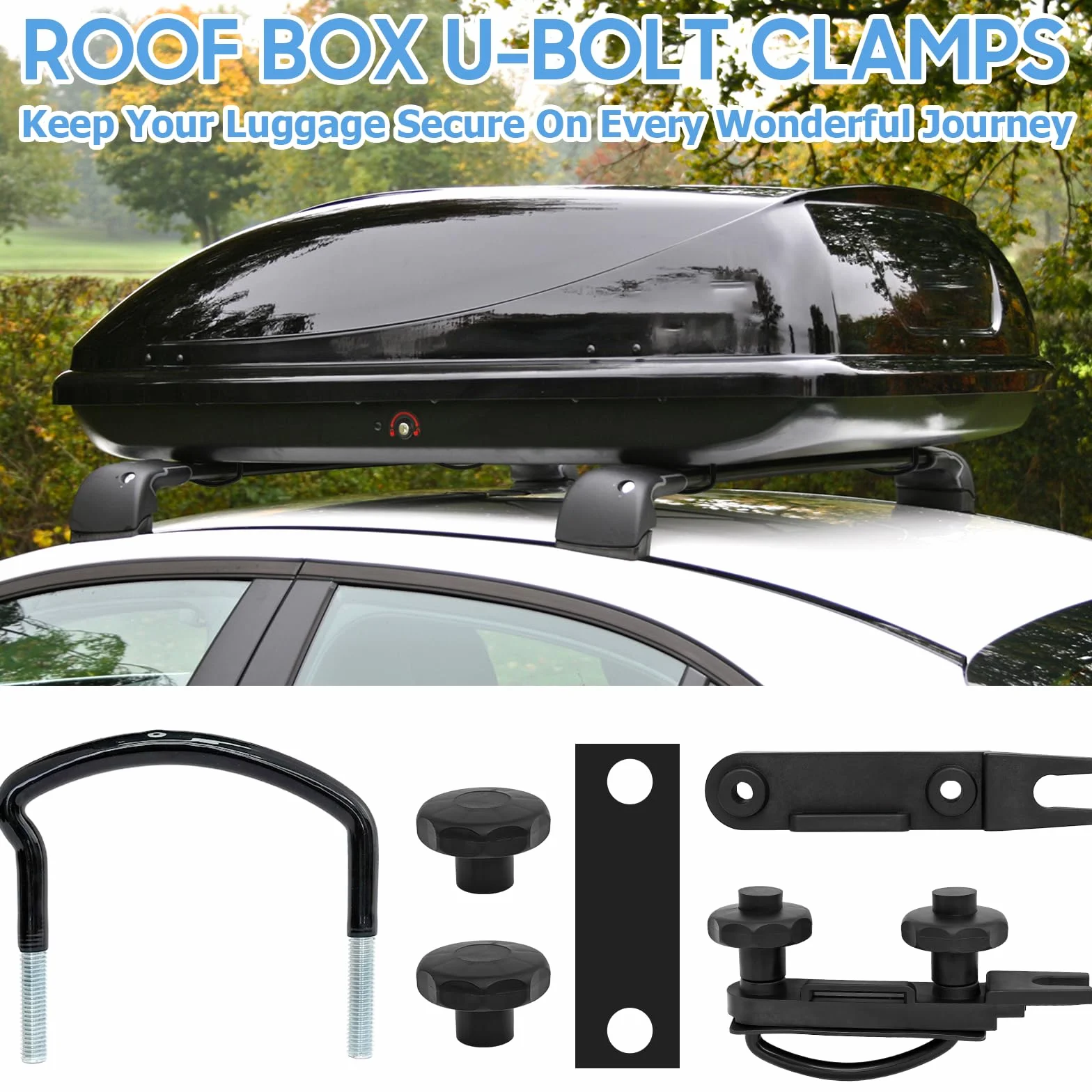 Fissaggio per Box da Tetto, 4 Morsetti a U Fissaggio, Larghezza Interna 85mm, con 8 Dadi di Bloccaggio per Impieghi Gravosi e 2 Bende, Compatibile con Auto SUV e Crossover