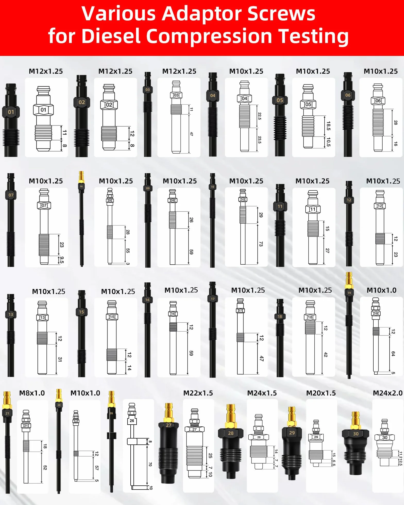 RUIZHI 46PCS Tester di compressione - Tester di Perdita di Pressione 0-50 bar | 0-725 psi, Testers Motore per Motori Diesel e Benzina HDi, TDCi, Auto, Camion, M8, M10, M12, M14, M20, M22, M24