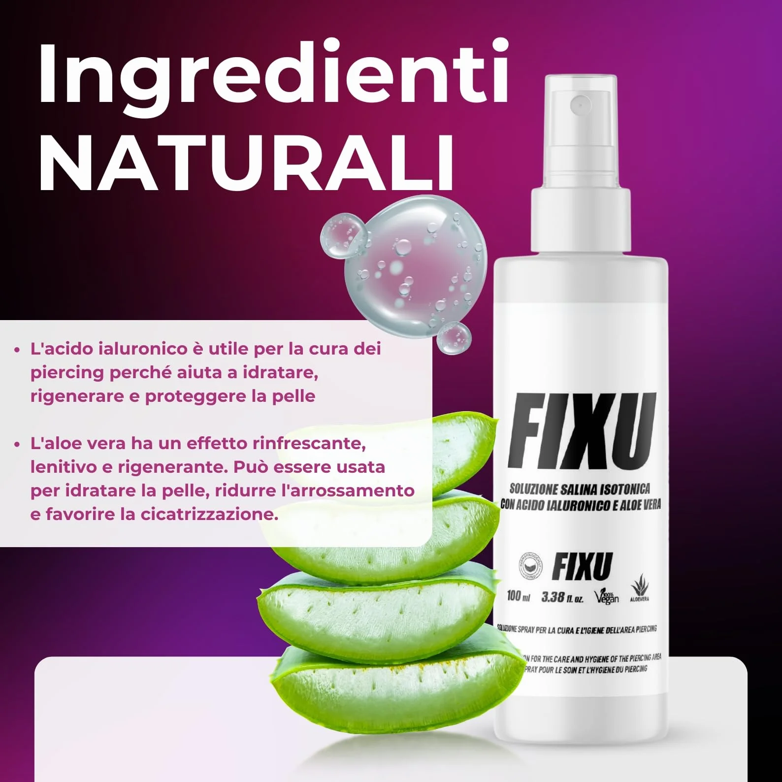 Soluzione Salina Piercing Spray FIXU 100ml con Acido Ialuronico e Aloe Vera, Disinfettante Piercing Made in Italy