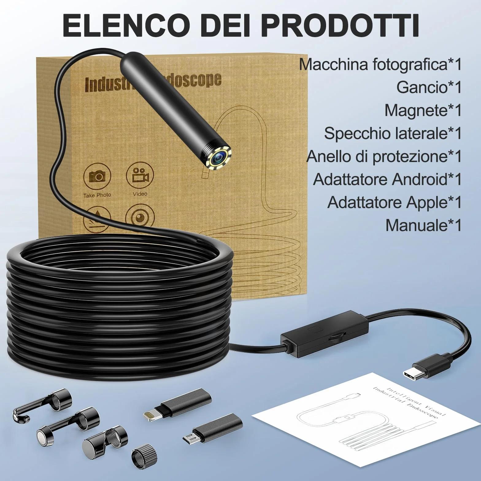 Endoscopio per Smartphone 1920P Telecamera Endoscopica IP67 Sonda Impermeabile 5M 8 LED