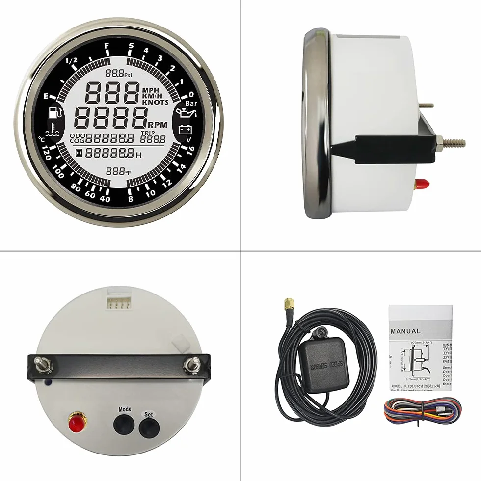 ELING Tachimetro GPS multifunzione Tachimetro Ora Temperatura acqua Livello carburante Voltmetro pressione olio 12V 85mm Con retroilluminazione