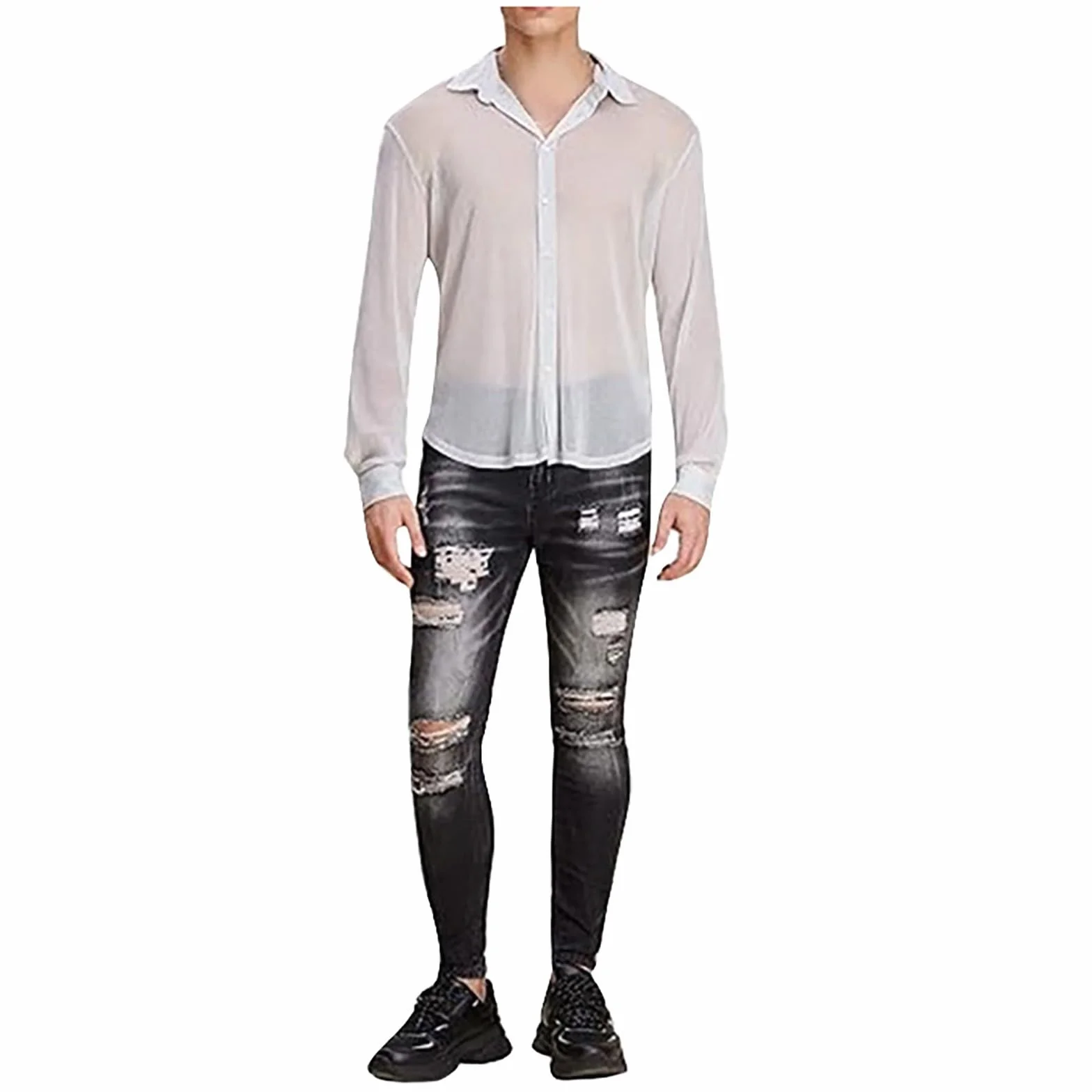 Camicia da uomo a rete trasparente maniche lunghe sexy pizzo sottile