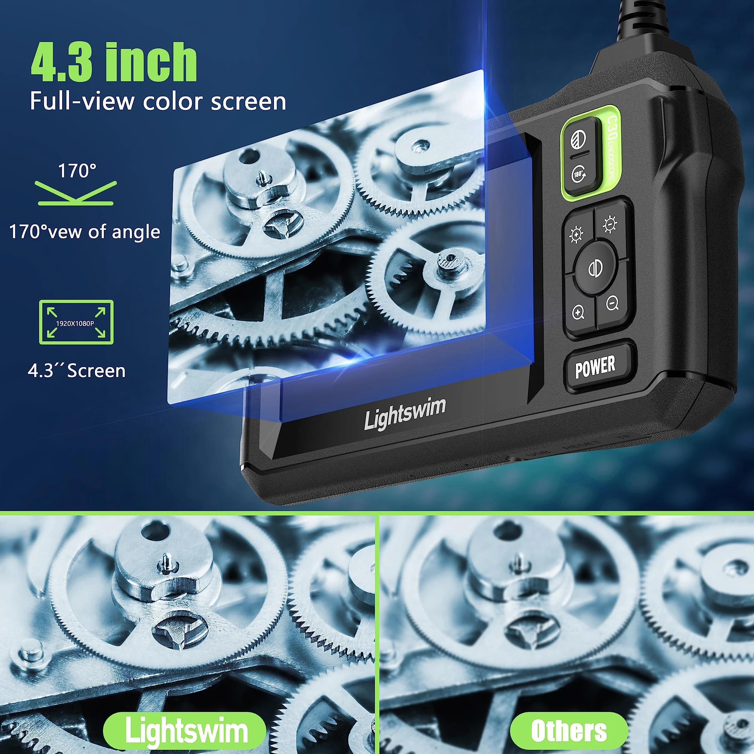 Lightswim Telecamera per ispezione endoscopio industriale IP67 4,3" 5M 8 LED