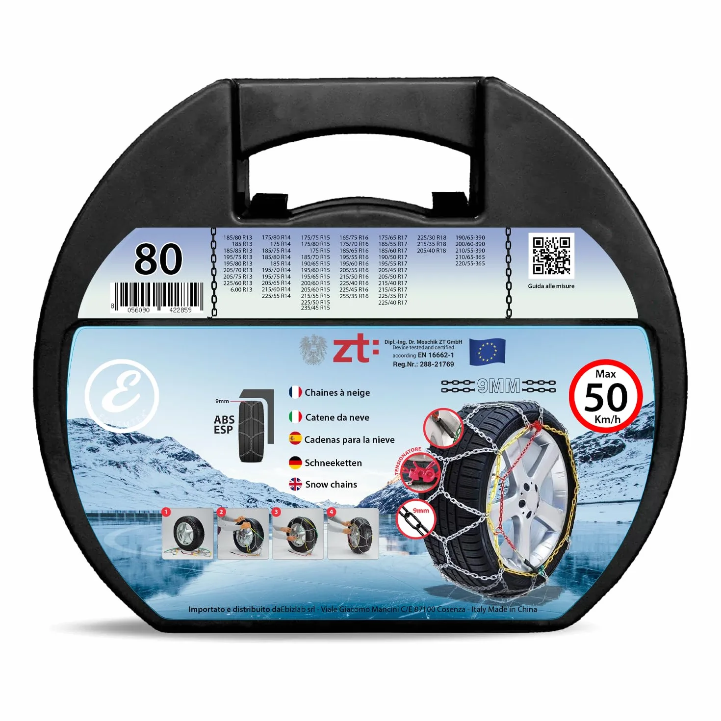 Catene Da Neve Auto Omologate Montaggio Rapido 9 mm Metallo Tensionatore Autobloccante Misura 80