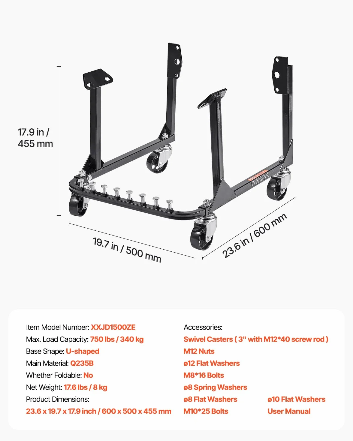 VEVOR Supporto Motore a U, Sollevatore Motore 340 kg, Supporto in Acciaio con 4 Ruote Girevoli e 4 Posizioni di Aggancio per Motori BB-Chevy e Gen-1 SB-Chevy