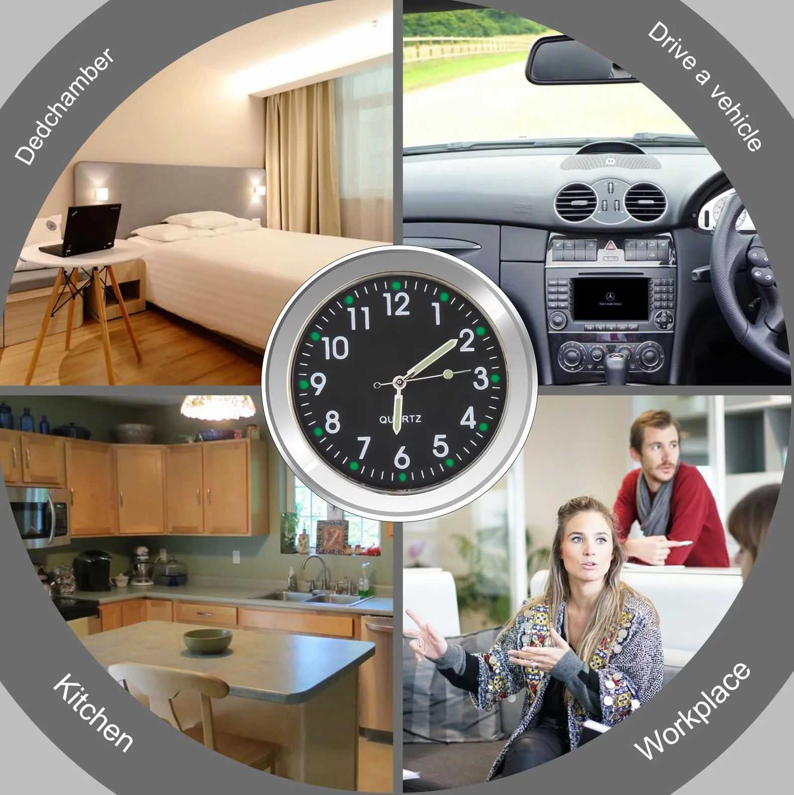 Orologio Universale Luminoso al Quarzo con Clip per Bocchetta dell'Aria e Adesivo per Decorazione Interni per Auto (Nero)