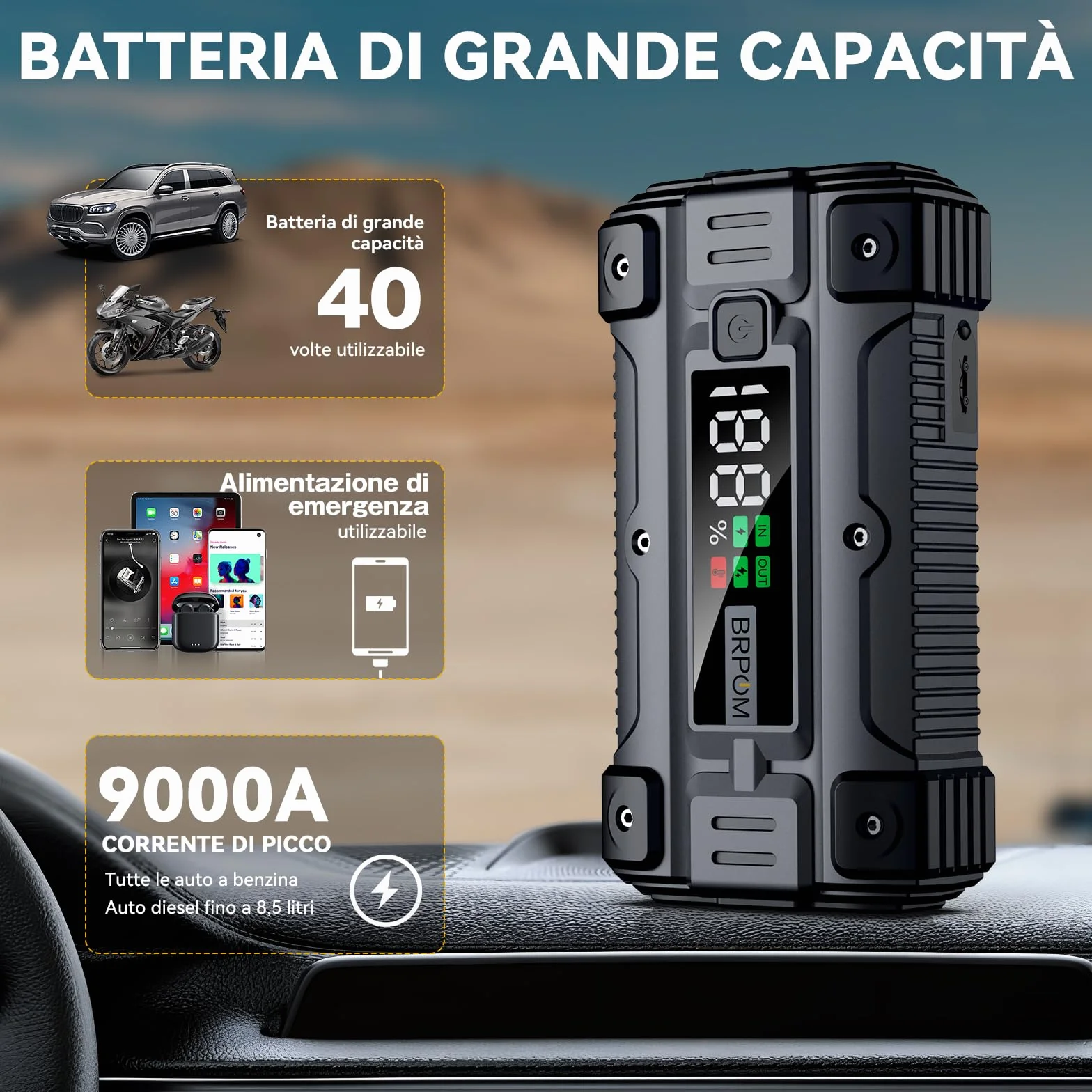 BRPOM Avviatore Batteria Auto 9000A 26800mAh Booster Avviamento con Torcia LED USB Quick Charge 3.0