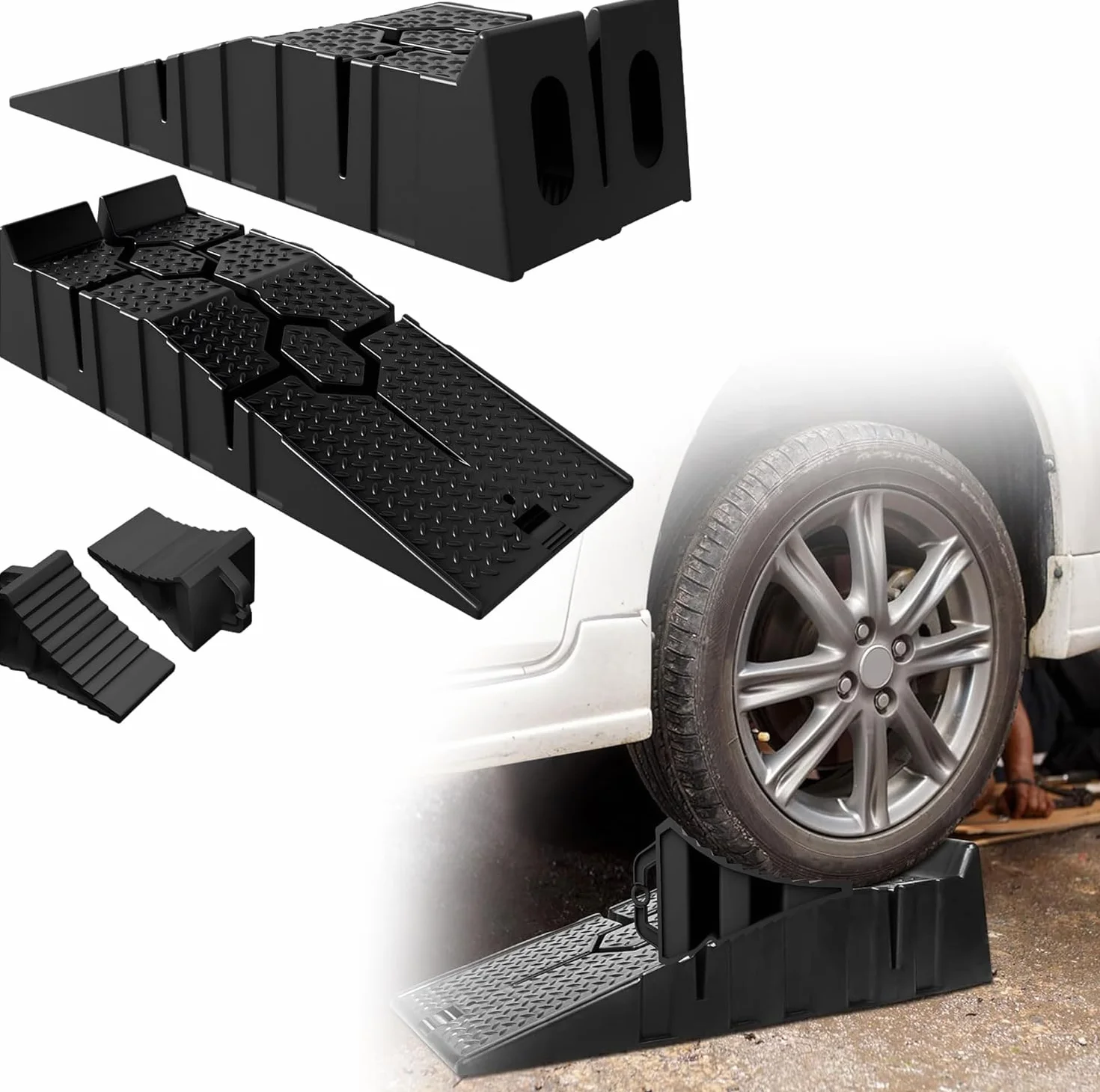 UISEBRT Rampa di carico per auto con cunei, 2 pezzi, robusta rampa per auto con cunei, portata fino a 5 T, per roulotte, camper, camper, ecc. extra alta, colore nero