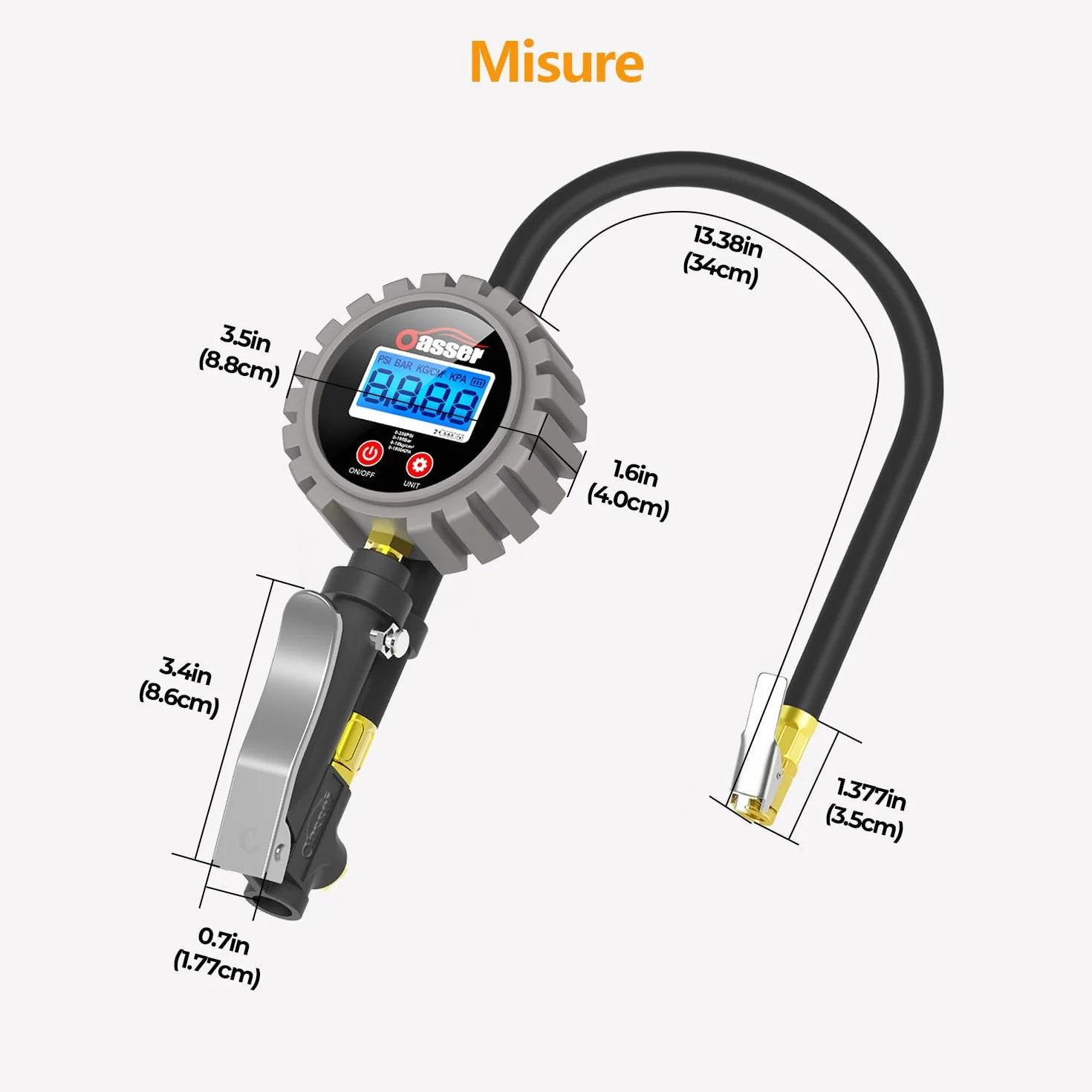 Oasser Manometro Pressione Gomme Professionale, Manometro Digitale, Pistola Gonfiaggio Pneumatici 255 PSI Alta Precisione con Luce a LED e Schermo LCD per Auto, SUV, Camion, Moto e Biciclette