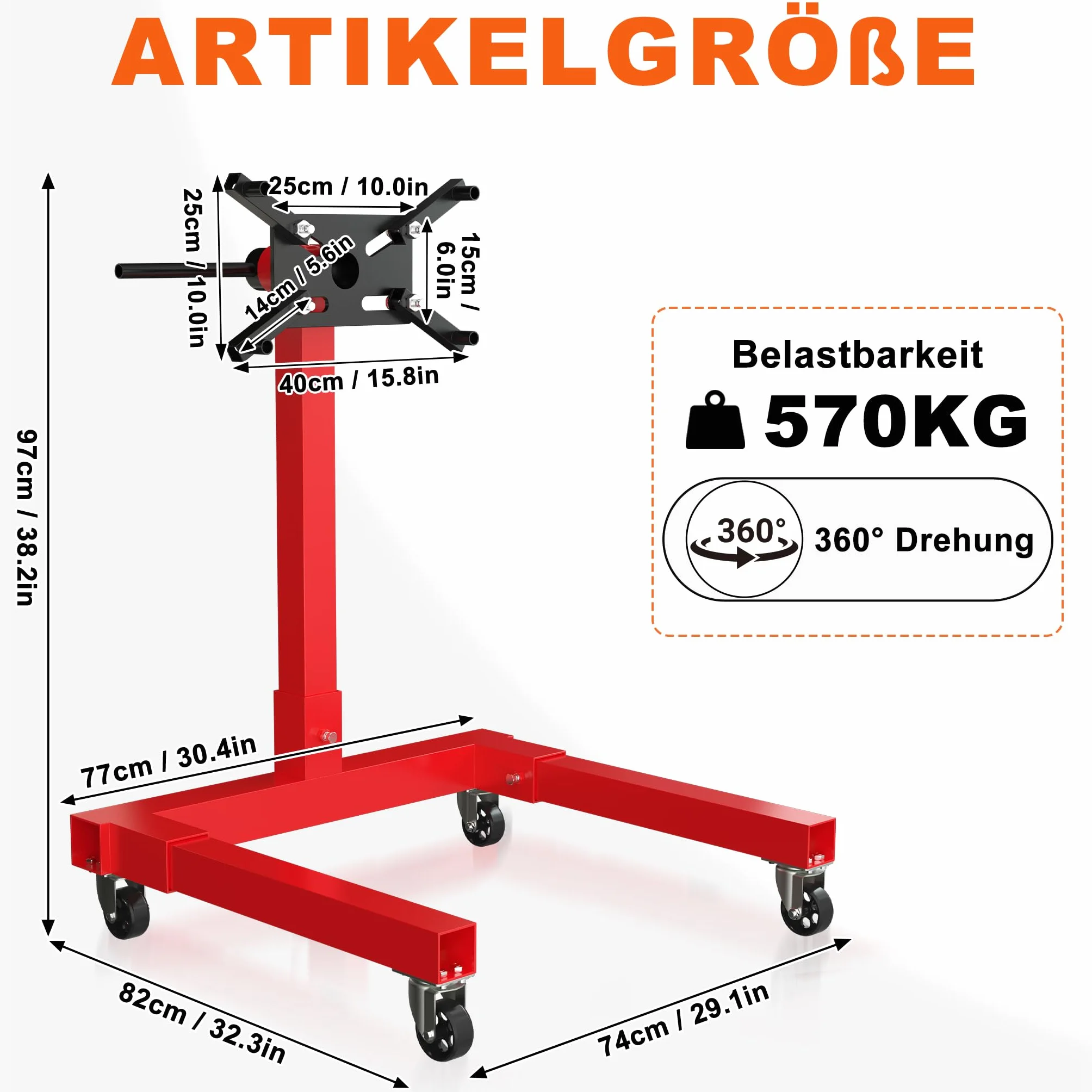 ACXIN Cavalletto motore 570 kg supporto girevole 360° sollevatore bracci regolabili 4 ruote acciaio laccato rosso