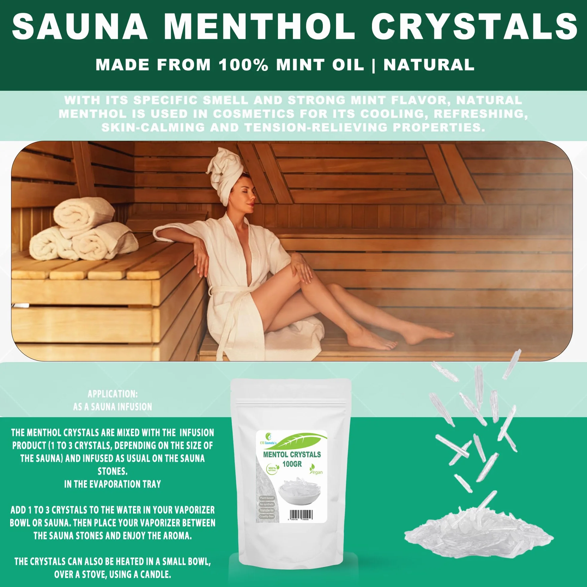 Cristalli di mentolo 100 gr effetto rinfrescante ingrediente cosmetico accessori sauna infuso olio di menta 100% naturale