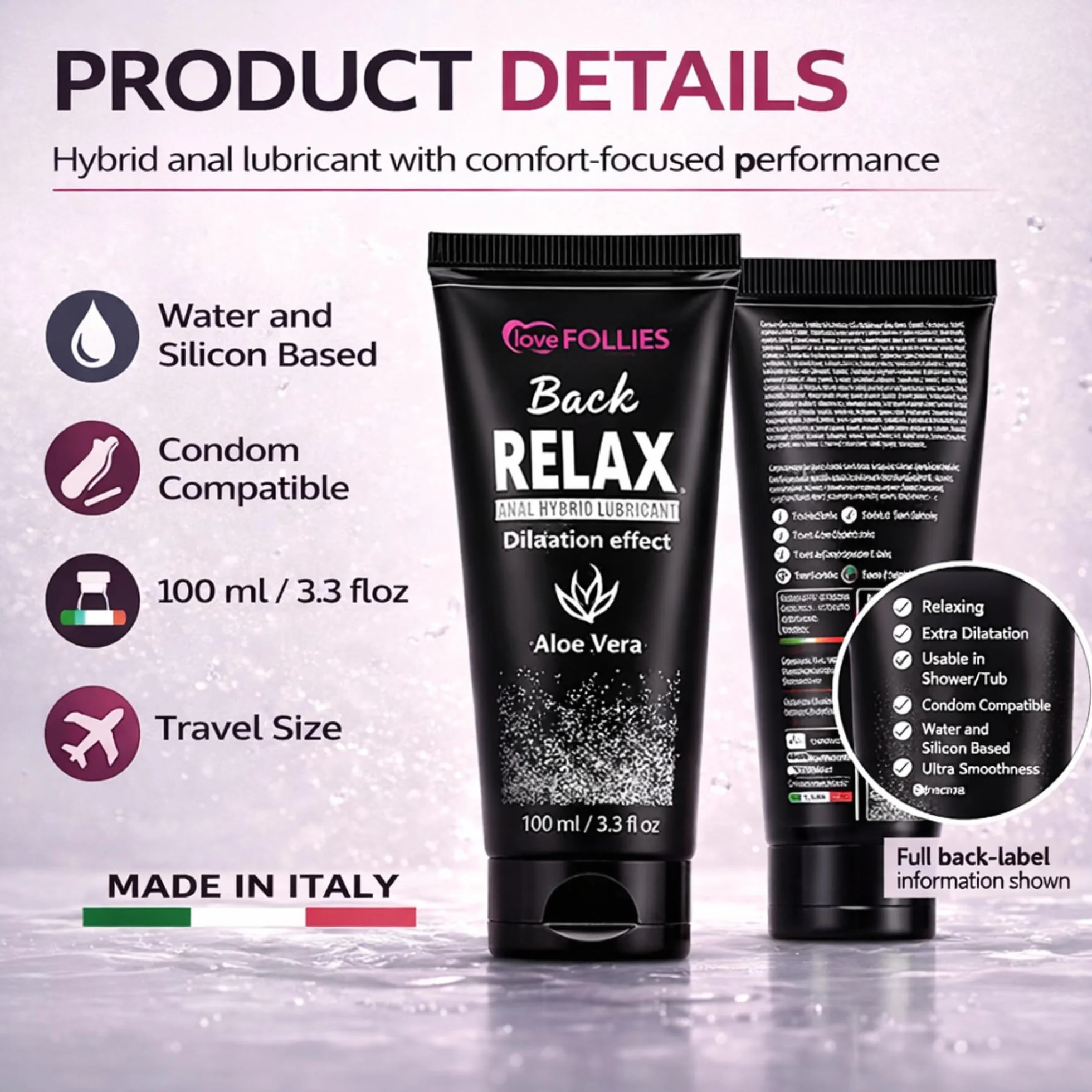 Lovefollies Back Relax lubrificante anale dilatatore con anestetico ibrido aloe vera 100 ml