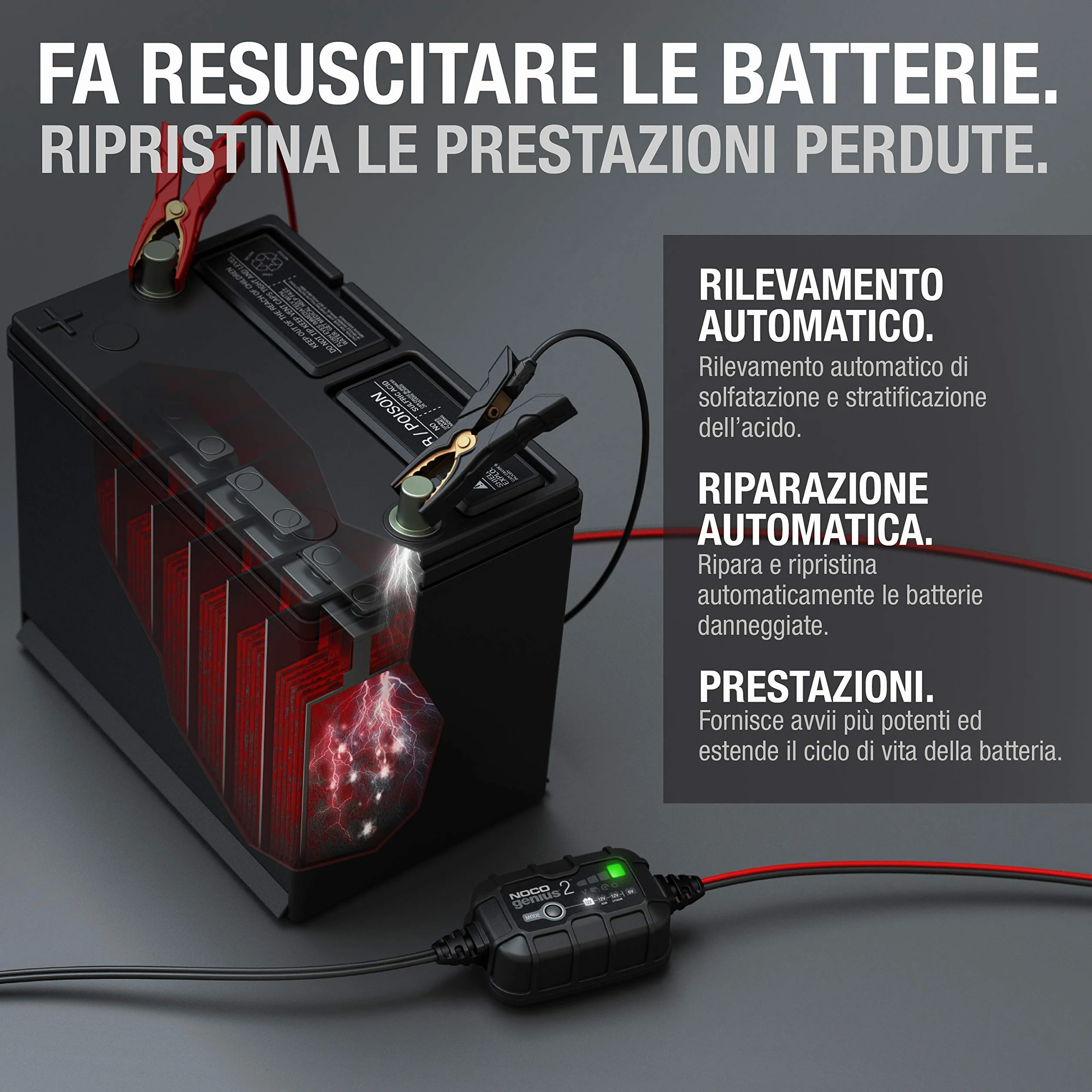 NOCO GENIUS2 Caricabatterie Intelligente 2A 6V/12V Mantenitore di Carica Desolfatatore per Batterie al Piombo e Litio