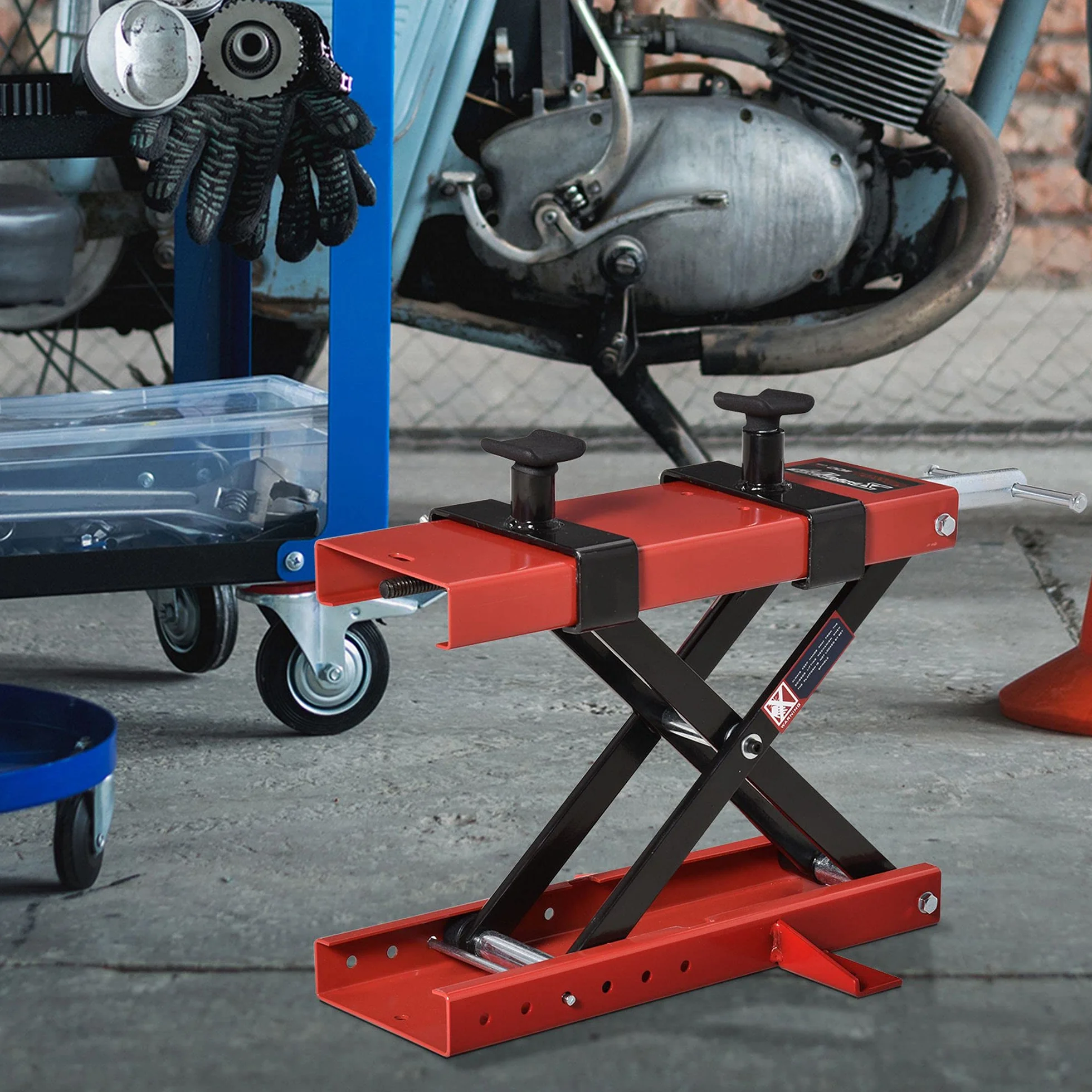 DURHAND Cavalletto Alzamoto a Forbice, Sollevatore Moto, Cavalletto Moto Centrale Regolabile Fino 500kg in Metallo Rosso
