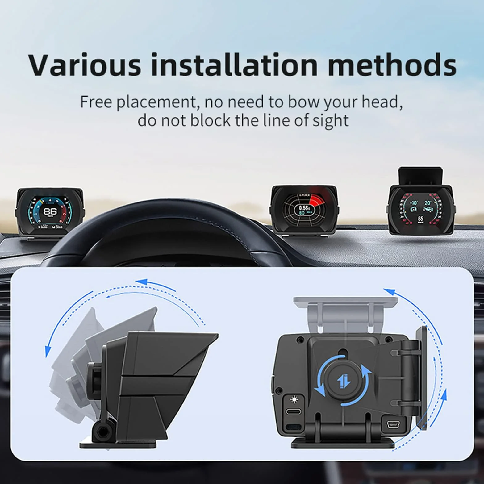 Heads up Display Car, Visualizzazione di una varietà di dati dell'automobile, Gradiente delle condizioni dell'automobile, Tachimetro, Applicabile a tutte le auto