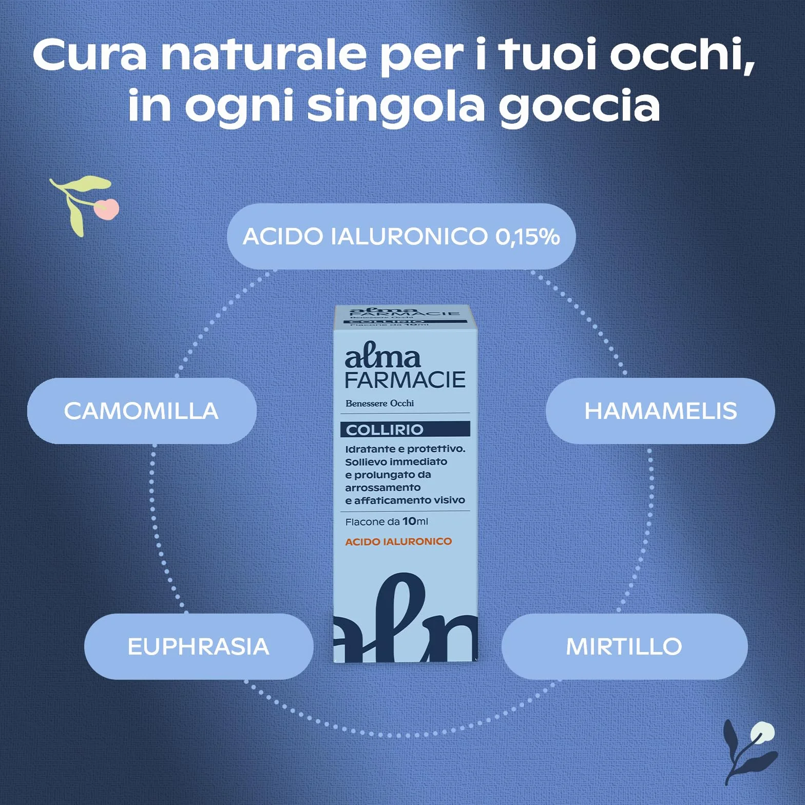 Collirio Alma Farmacie con Acido Ialuronico e Glicerina, Camomilla, Amamelide, Euphrasia, Mirtillo, Flacone 10 ml