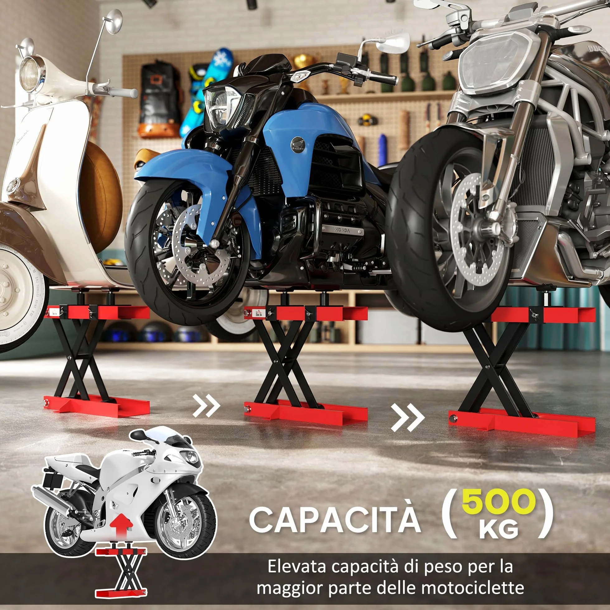 HOMCOM Sollevatore Moto in Acciaio Max 500kg, Cavalletto Alzamoto Pieghevole con Altezza Regolabile 9.5-40 cm e Manovella, Piattaforma da 45x15 cm, Rosso