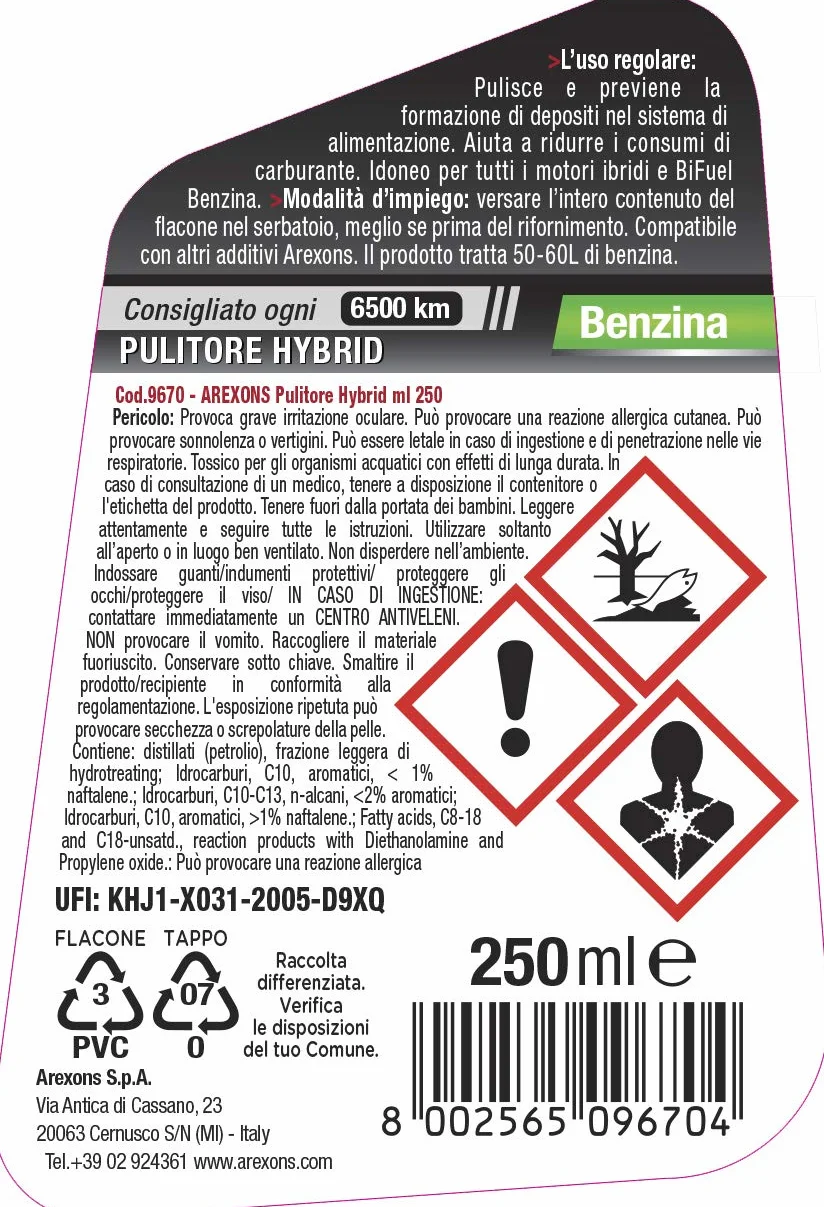 Arexons Additivo Pulitore Hybrid, 250 ml, Adatto per Auto Ibride e Bi-Fuel, Riduce Consumi e Spese Manutenzione, Pulisce Sistema di Alimentazione, Rimuove i Residui, Migliora Prestazioni Motore
