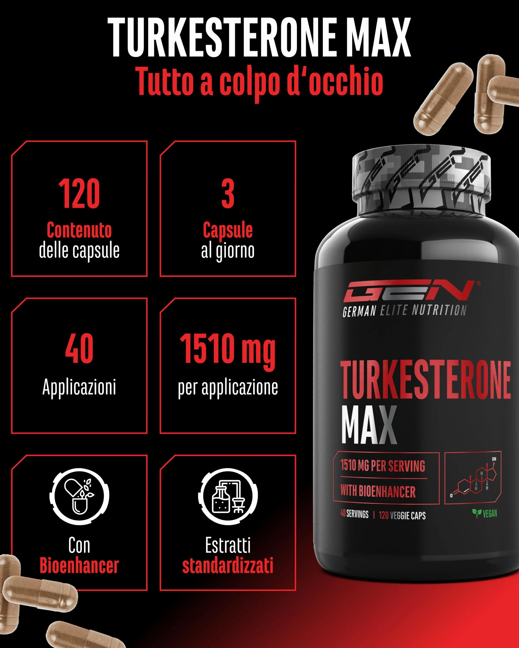 Turkesterone Max 120 capsule 1510 mg per dose giornaliera Bioenhancer Vegan