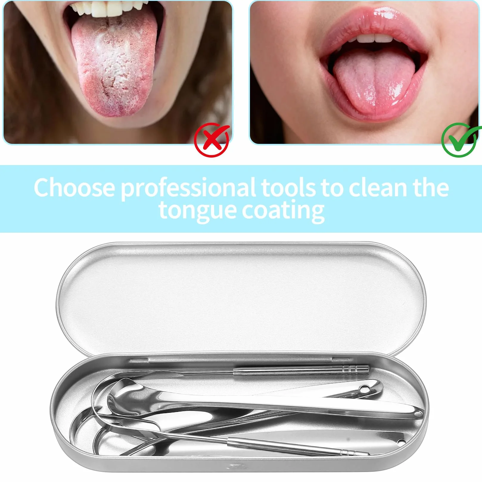 Pulisci Lingua in Acciaio Inox, Raschietto Lingua Metallo, Nettalingua Rame per Igiene Orale, Alito Fresco (argento)