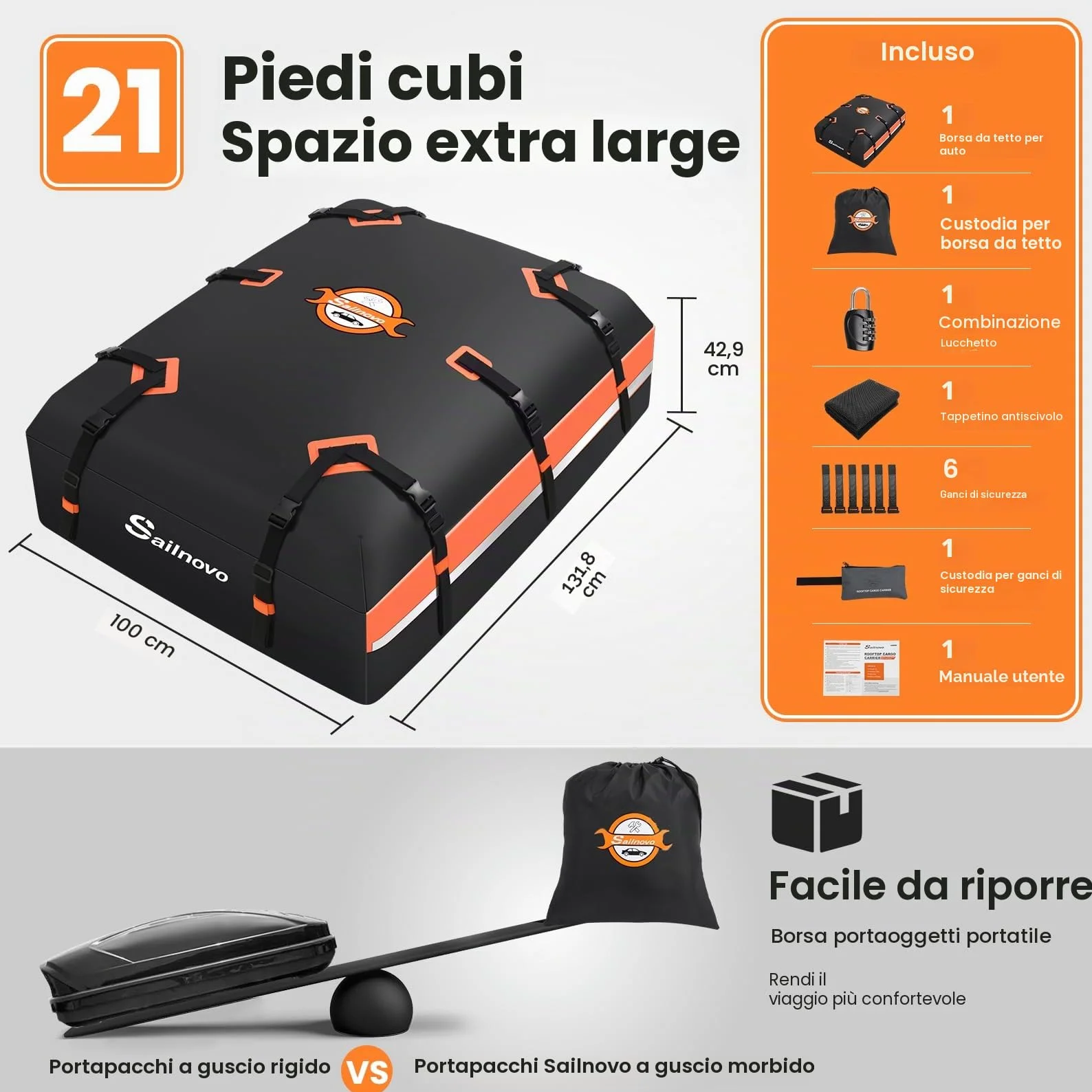 Sailnovo Box Tetto Auto Impermeabile 595L 1000D PVC, Portabagagli Auto Tetto con Tappetino Antiscivolo, 6 Ganci Portiere, Serratura Combinazione - Compatibile con/senza Barre Portatutto